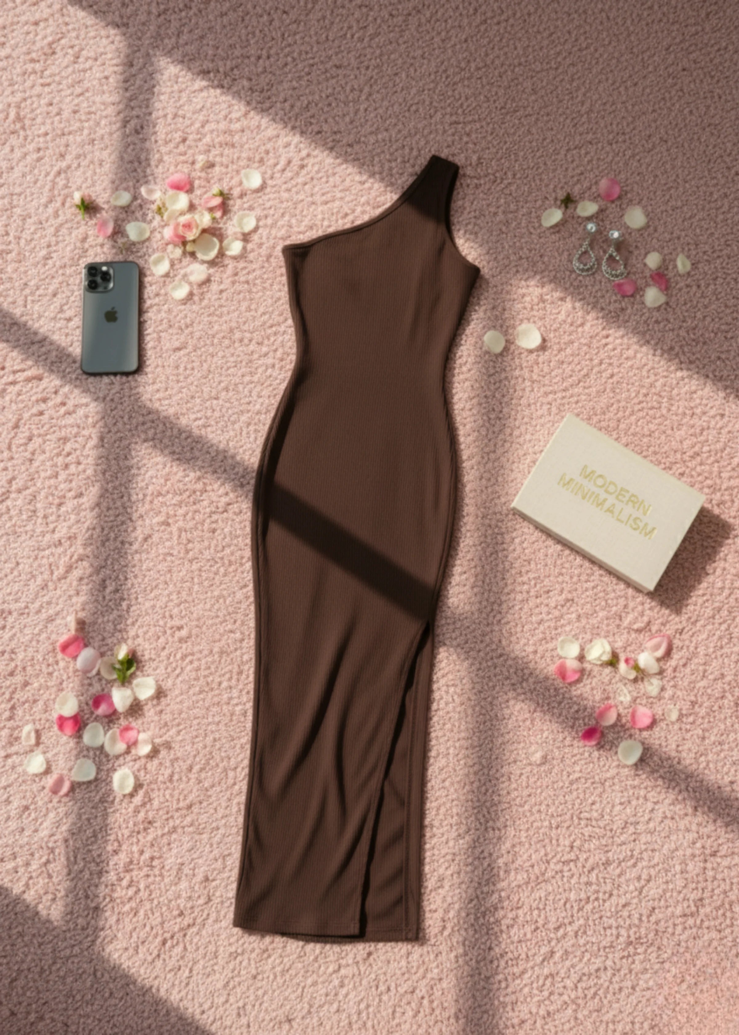 Elegant One Shoulder Brown Bodycon Dress with Side Slit