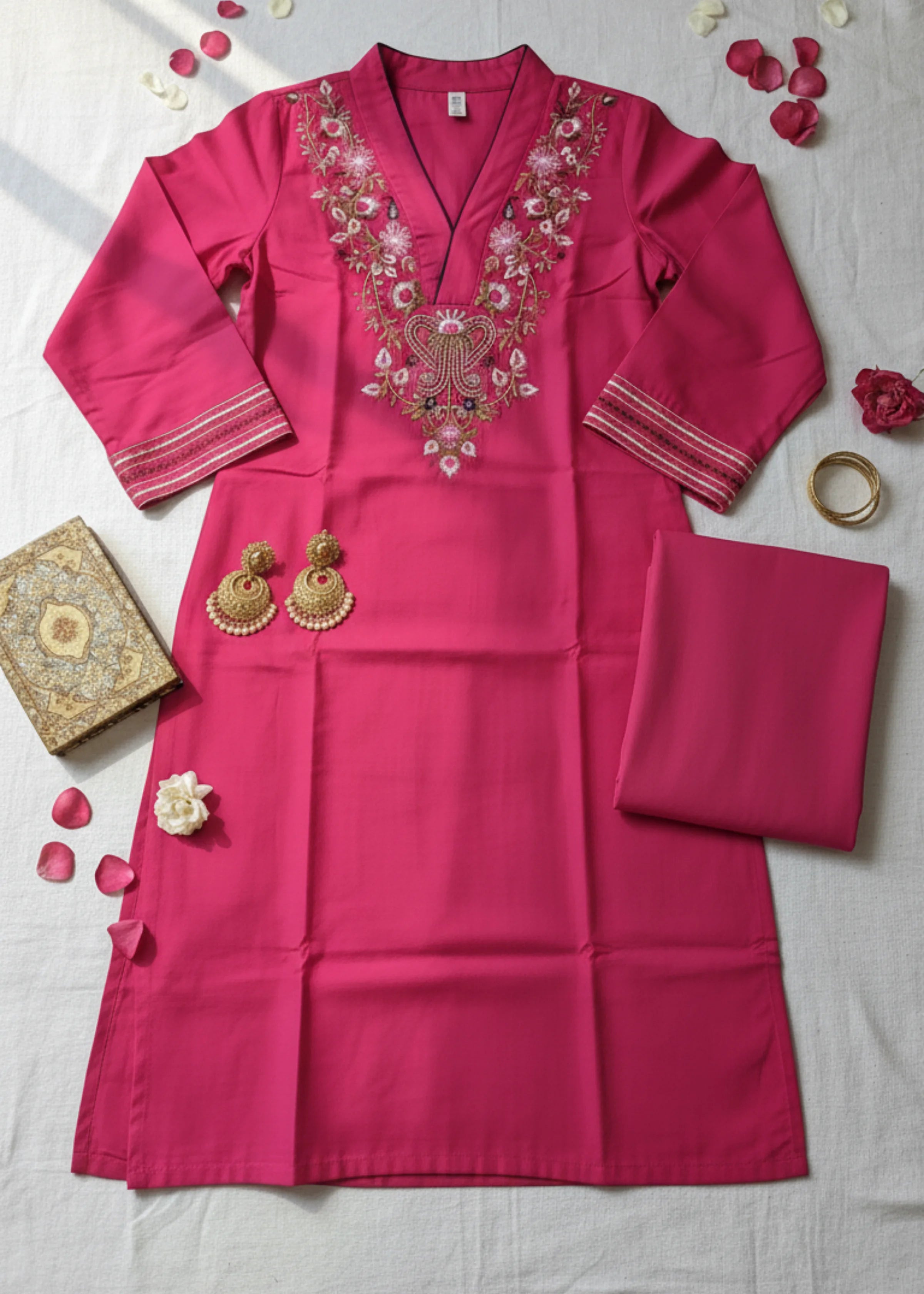 Elegant Pink Khadi Cotton Embroidered Co-ord Set with Pants Office Festive Wear