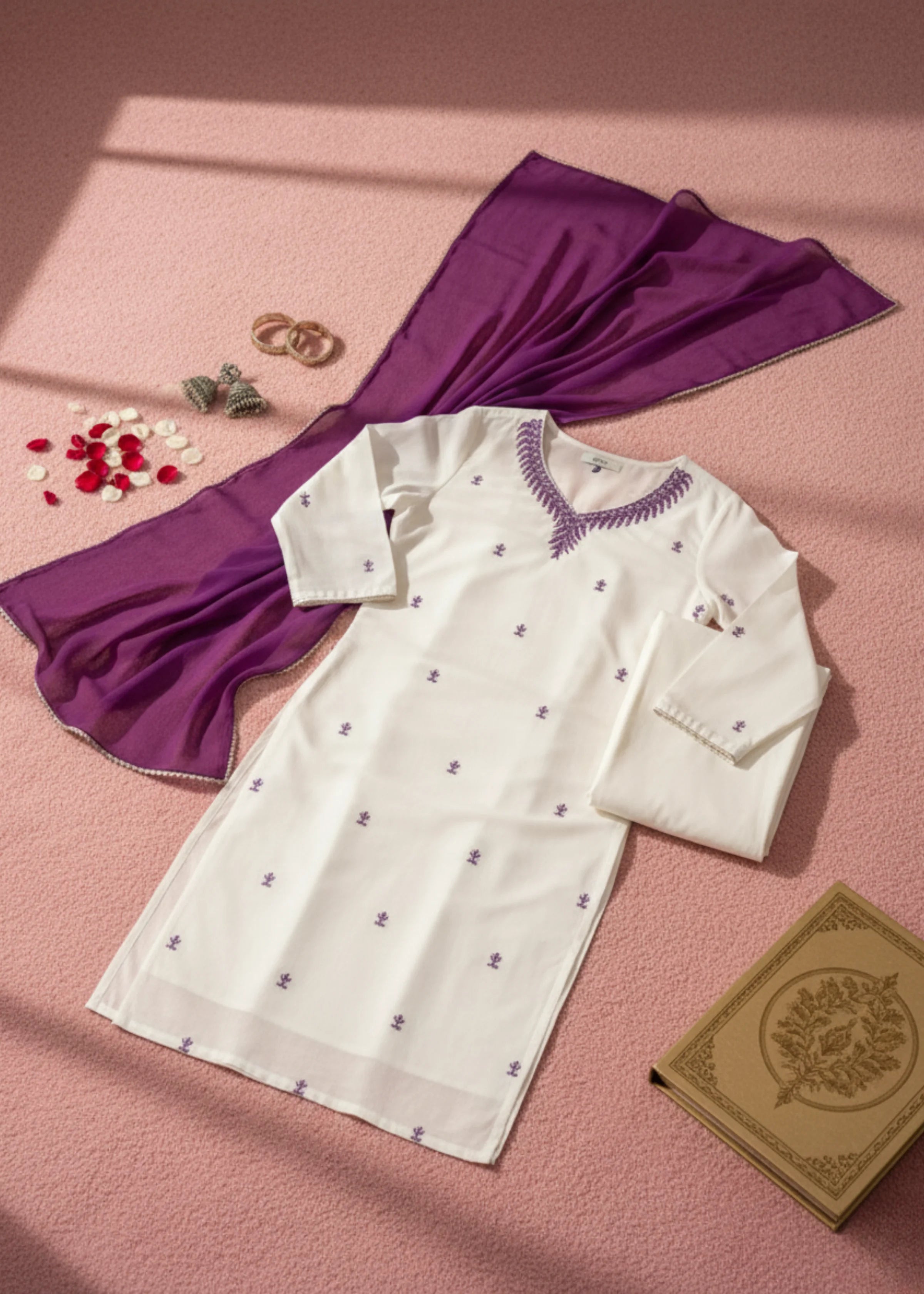 Elegant White Rayon Kurta Set with Purple Dupatta Festive And Daily Wear