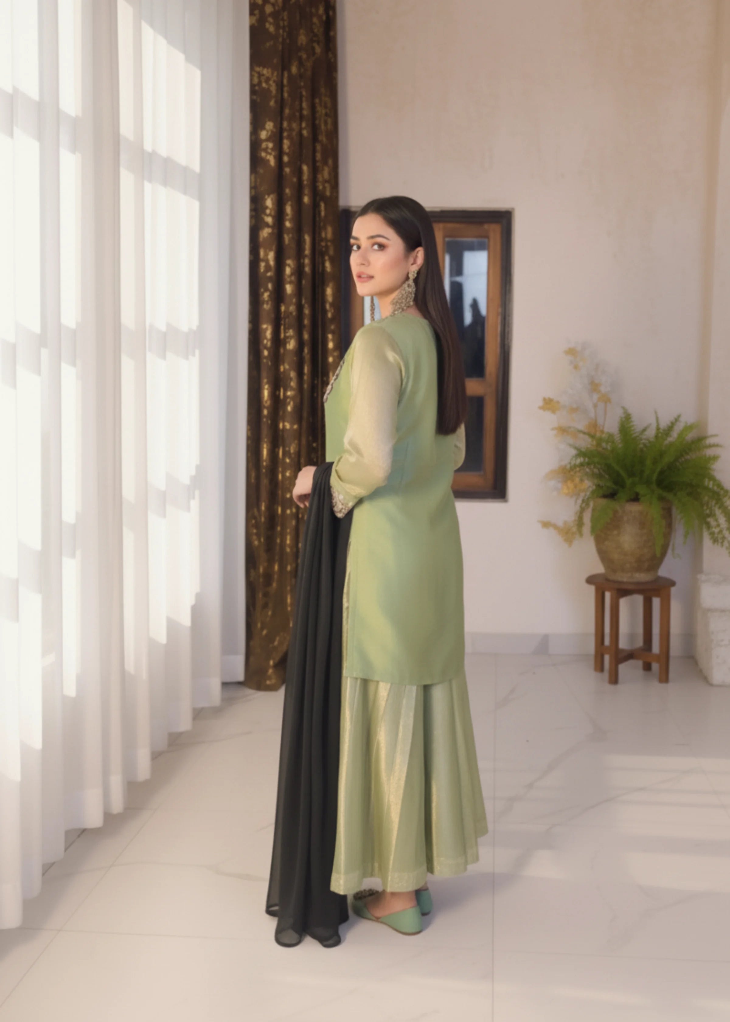 Green Silk Embroidered Kurti with Sharara Festive Ethnic Set for Women