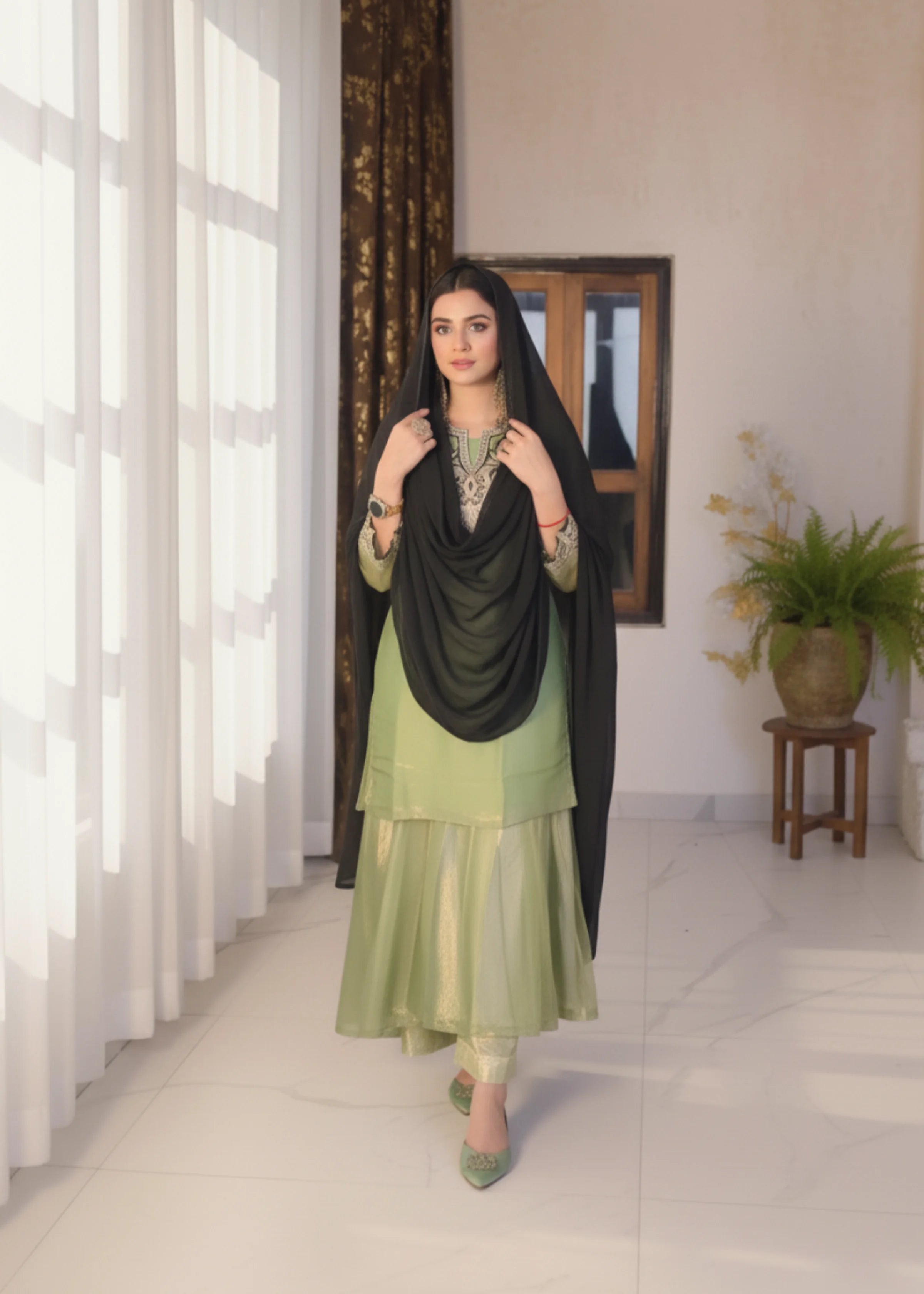 Green Silk Embroidered Kurti with Sharara Festive Ethnic Set for Women