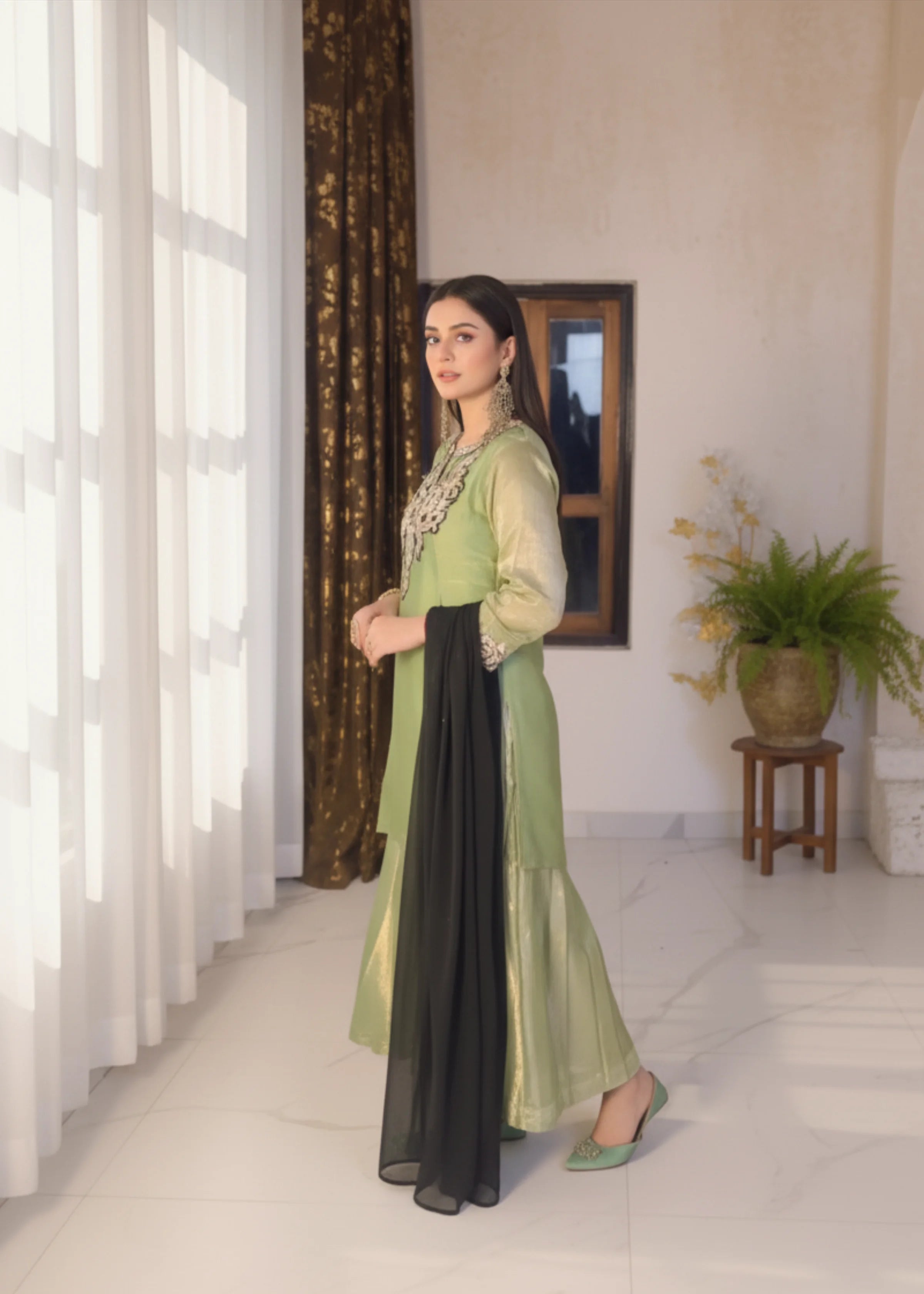 Green Silk Embroidered Kurti with Sharara Festive Ethnic Set for Women