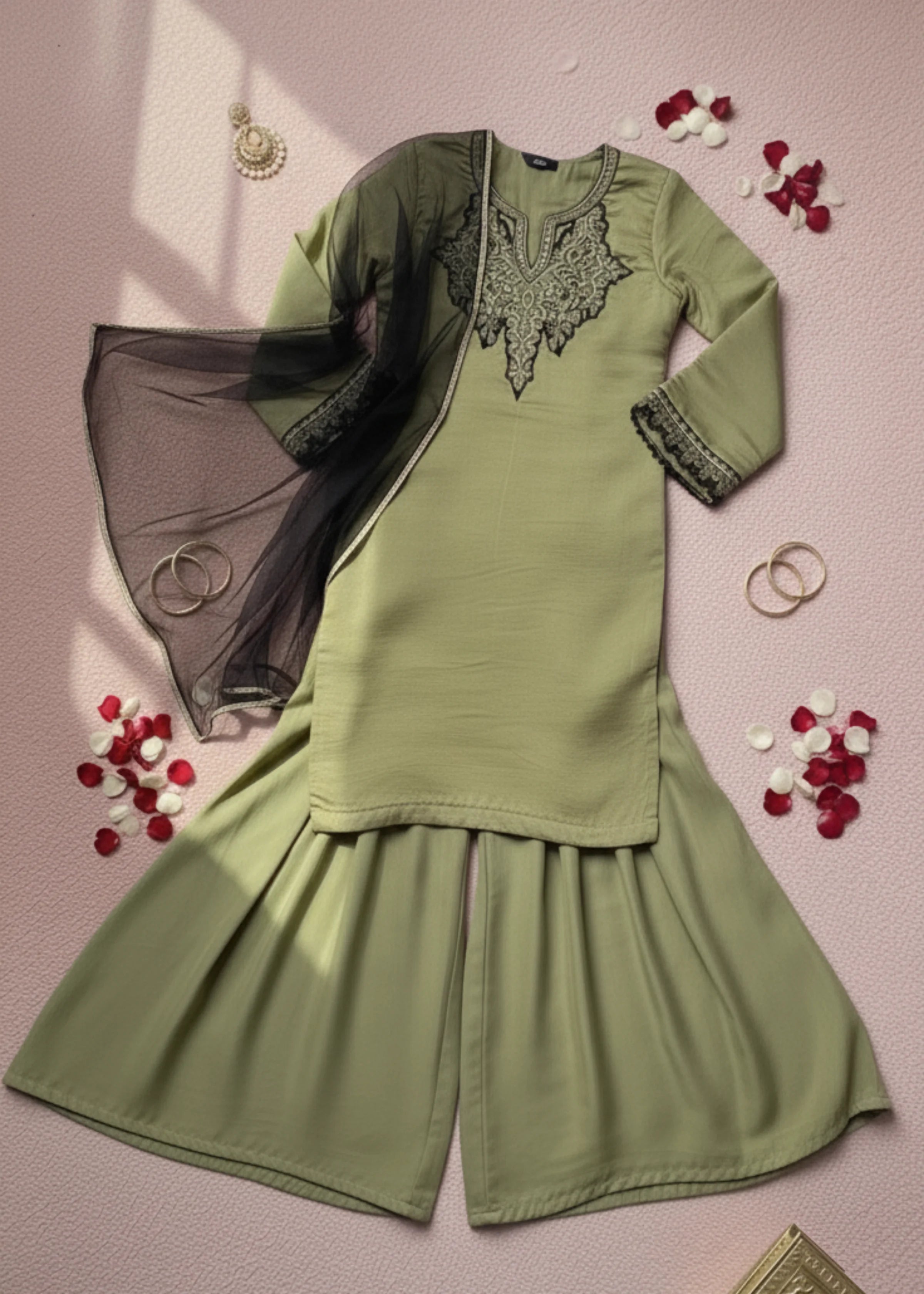 Green Silk Embroidered Kurti with Sharara Festive Ethnic Set for Women
