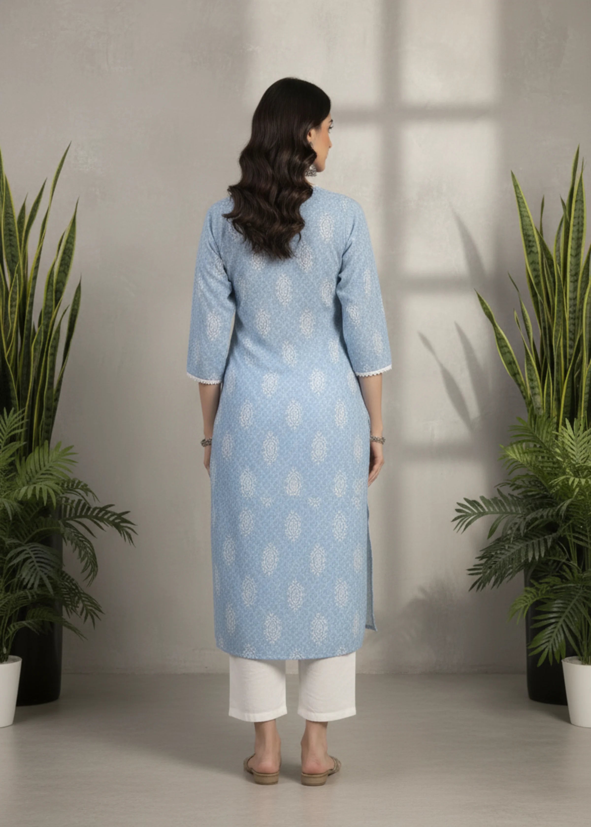 Light Blue Cotton Blend Printed Kurti with Three Quarter Sleeves