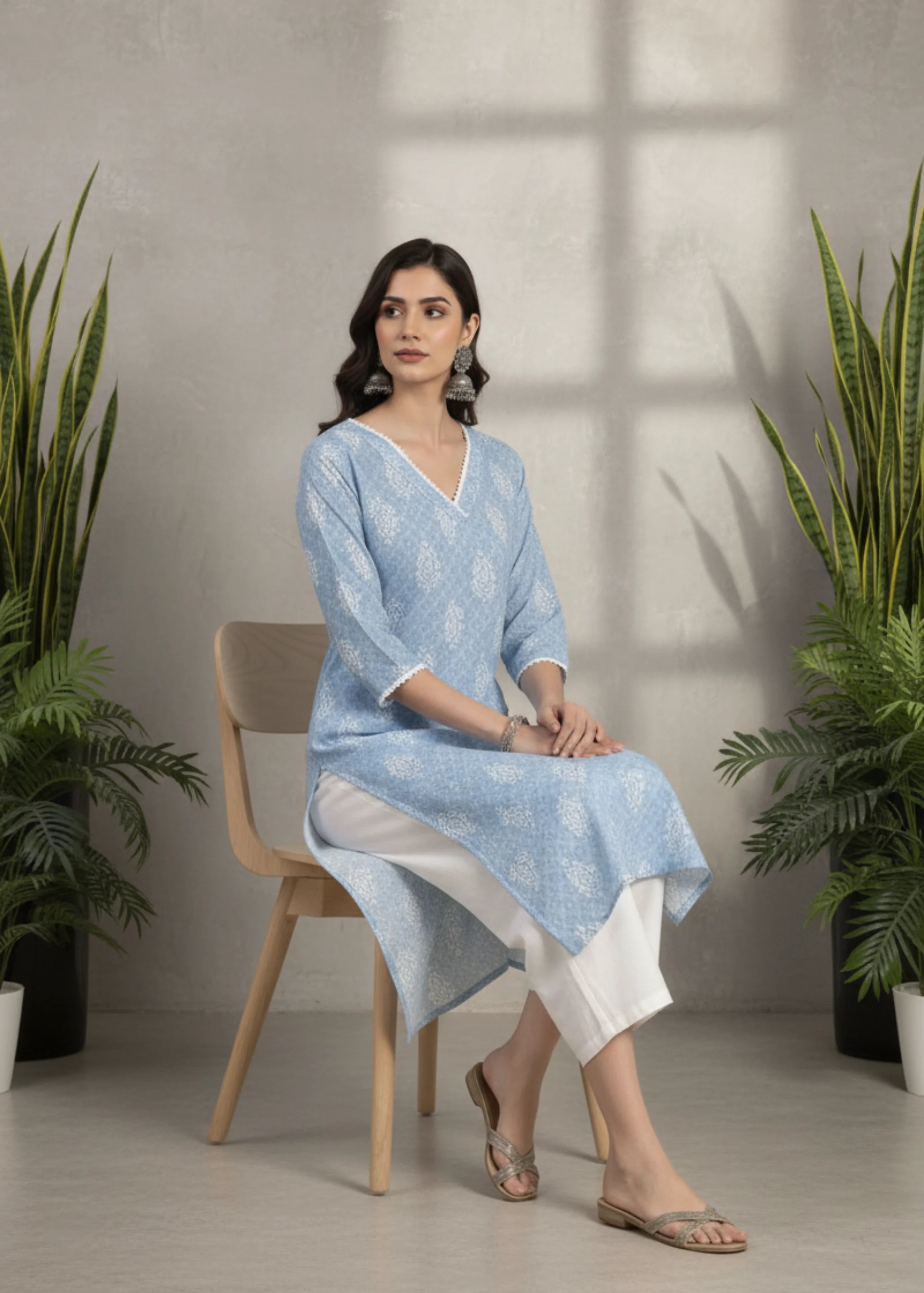 Light Blue Cotton Blend Printed Kurti with Three Quarter Sleeves