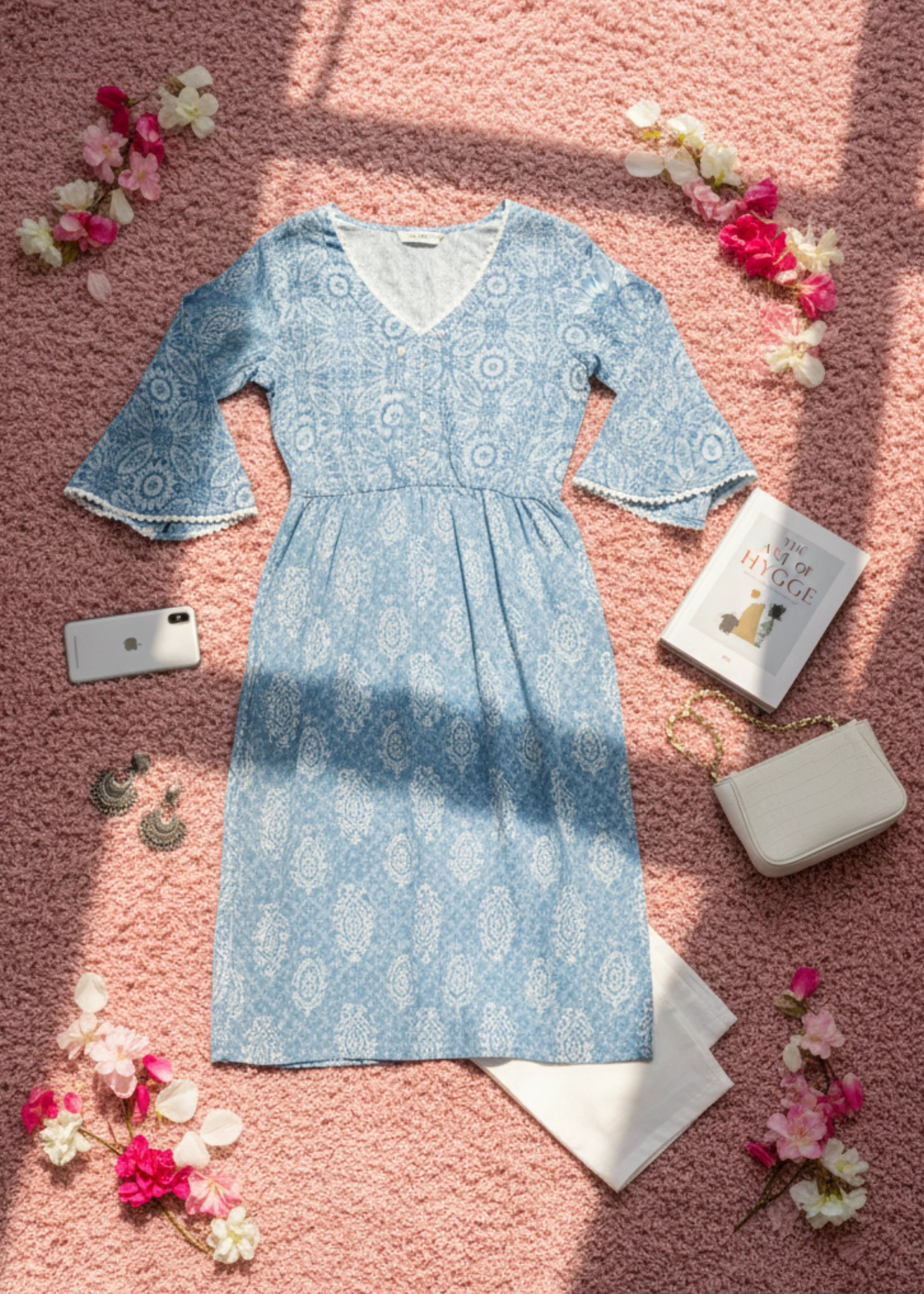 Light Blue Cotton Blend Printed Kurti with Three Quarter Sleeves