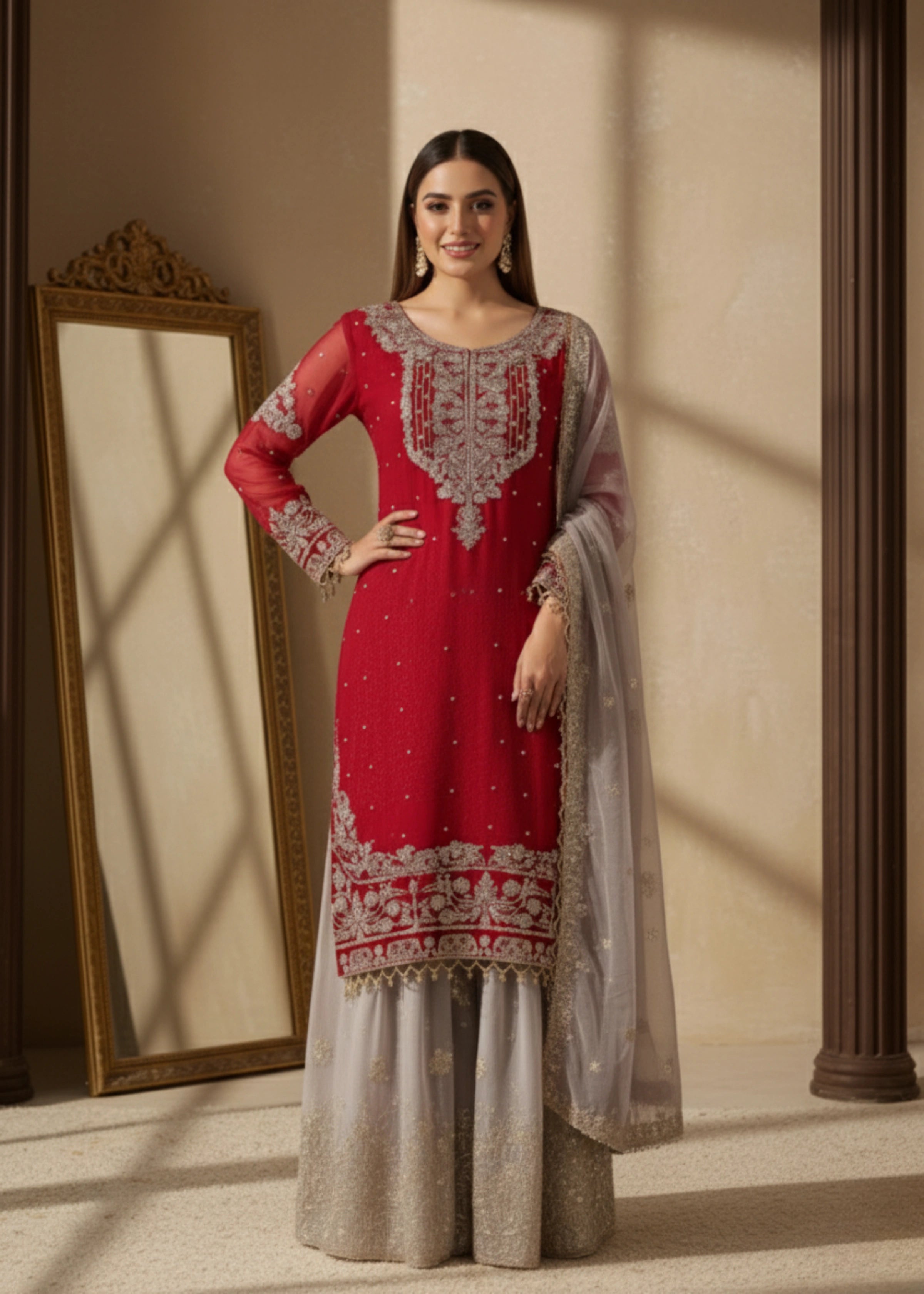 Maroon Georgette Embroidered Kurta with Sharara and Dupatta Set