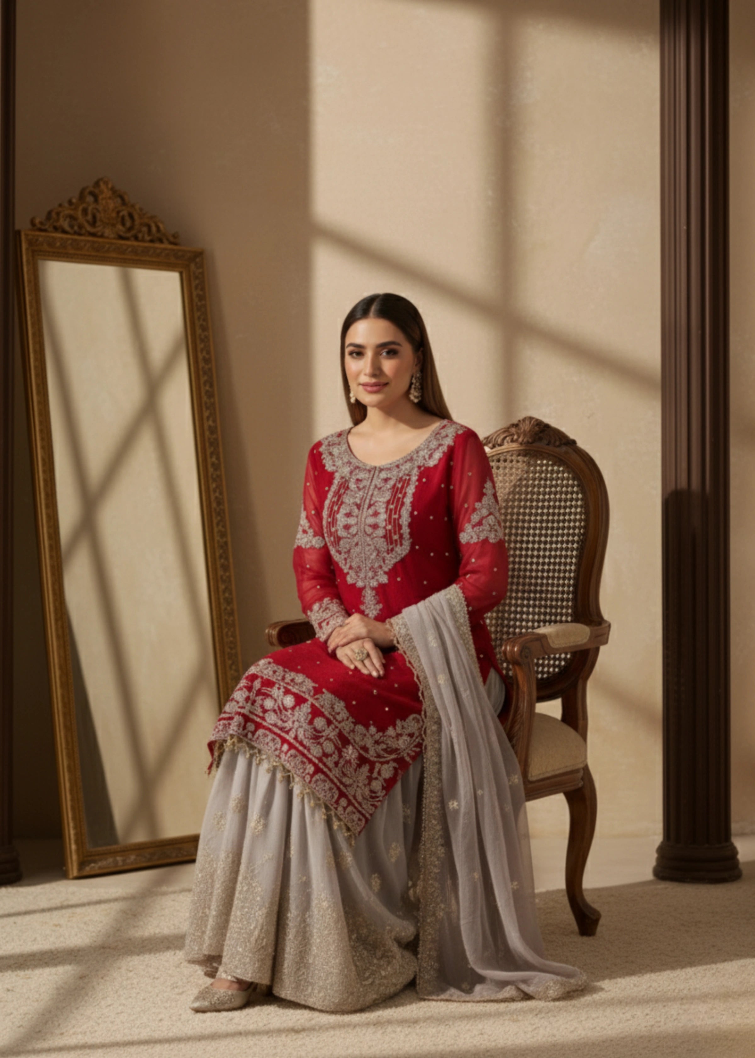 Maroon Georgette Embroidered Kurta with Sharara and Dupatta Set