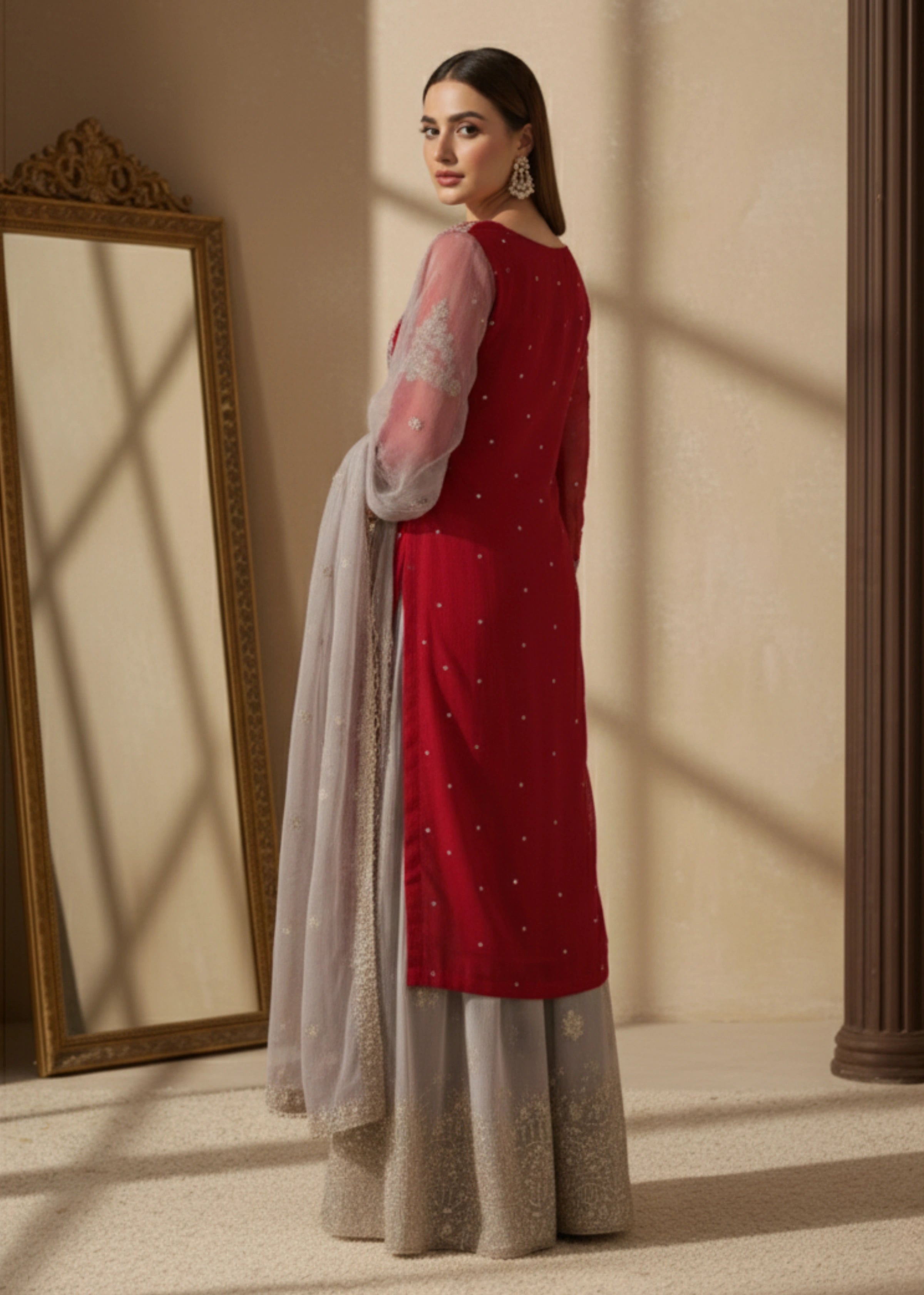 Maroon Georgette Embroidered Kurta with Sharara and Dupatta Set
