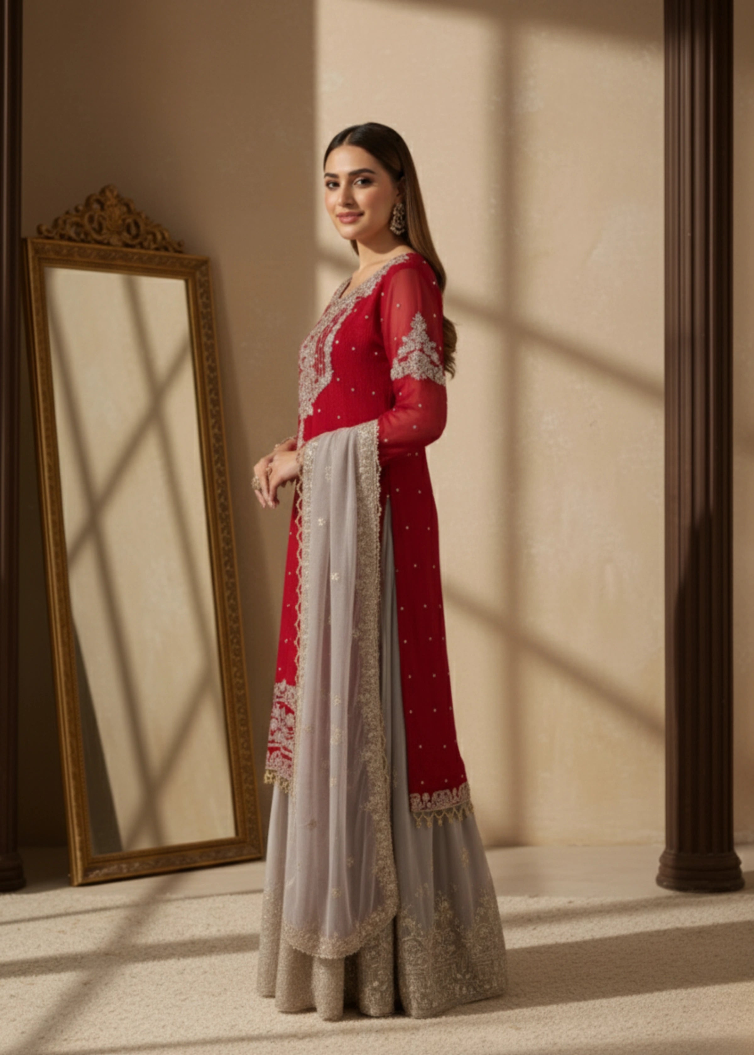 Maroon Georgette Embroidered Kurta with Sharara and Dupatta Set