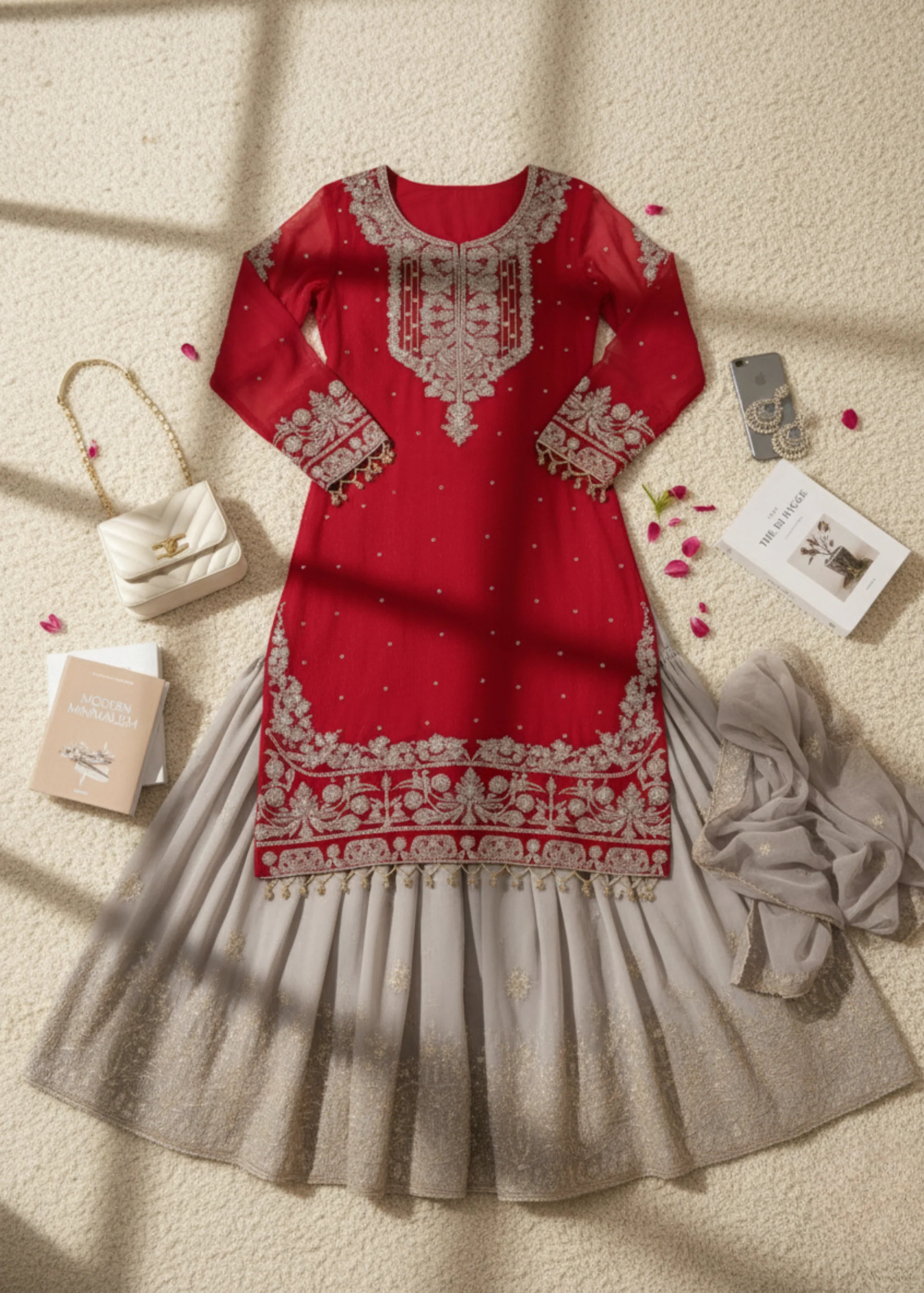 Maroon Georgette Embroidered Kurta with Sharara and Dupatta Set