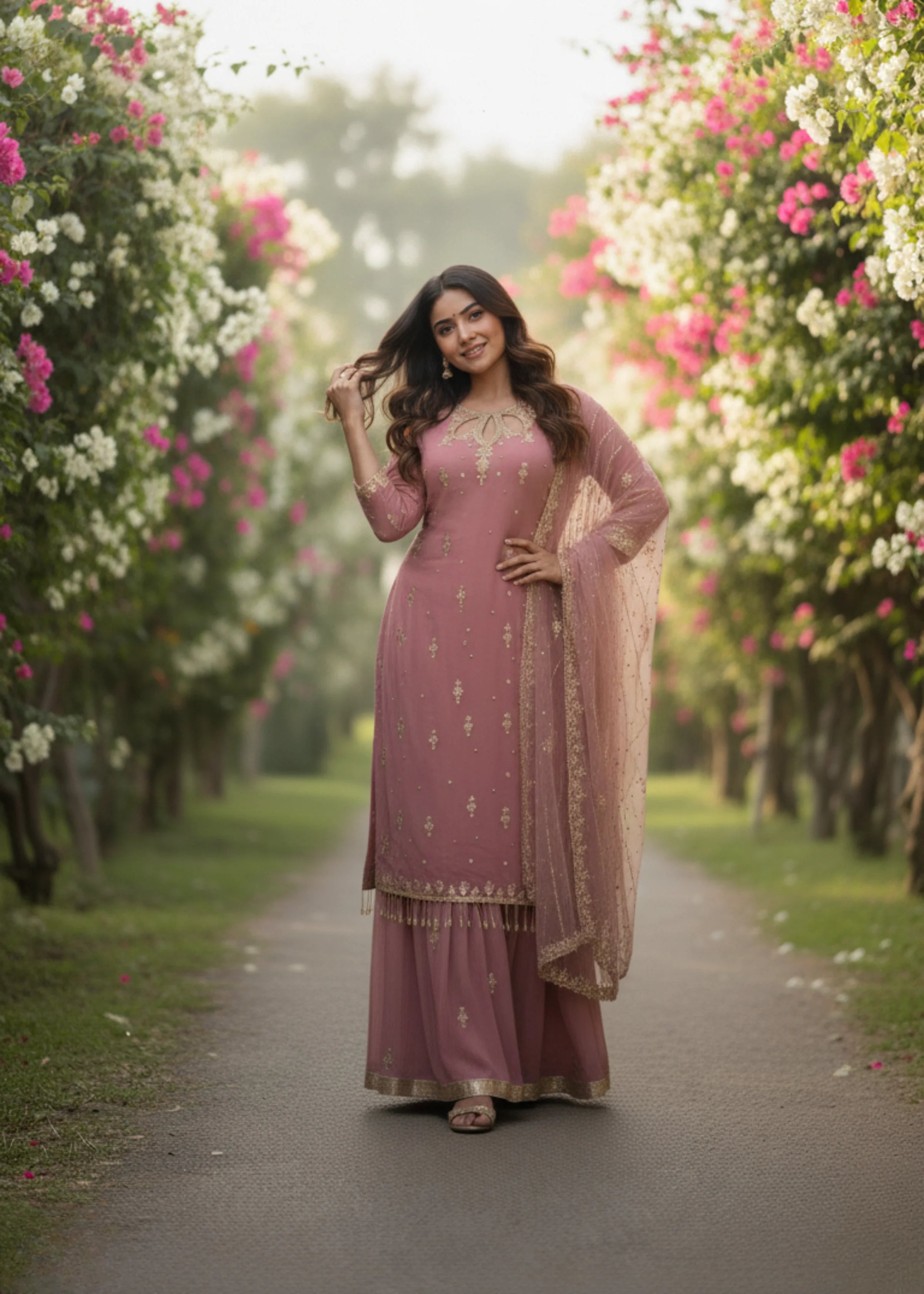 Mauve Georgette Embroidered Suit Set with Sequin Work and Dupatta