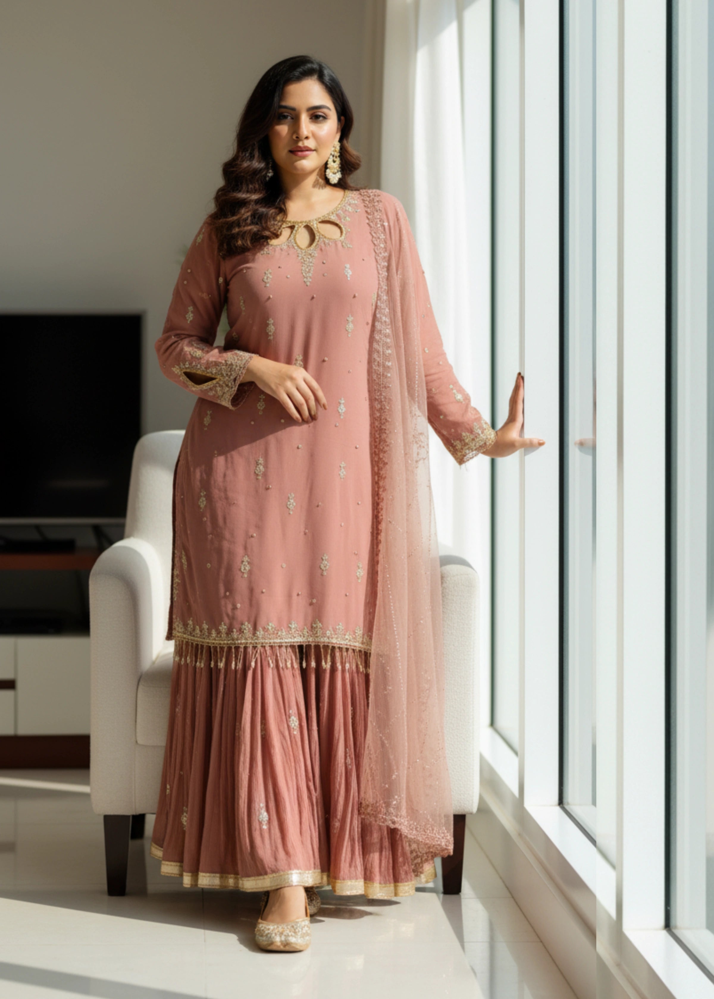 Mauve Georgette Embroidered Suit Set with Sequin Work and Dupatta