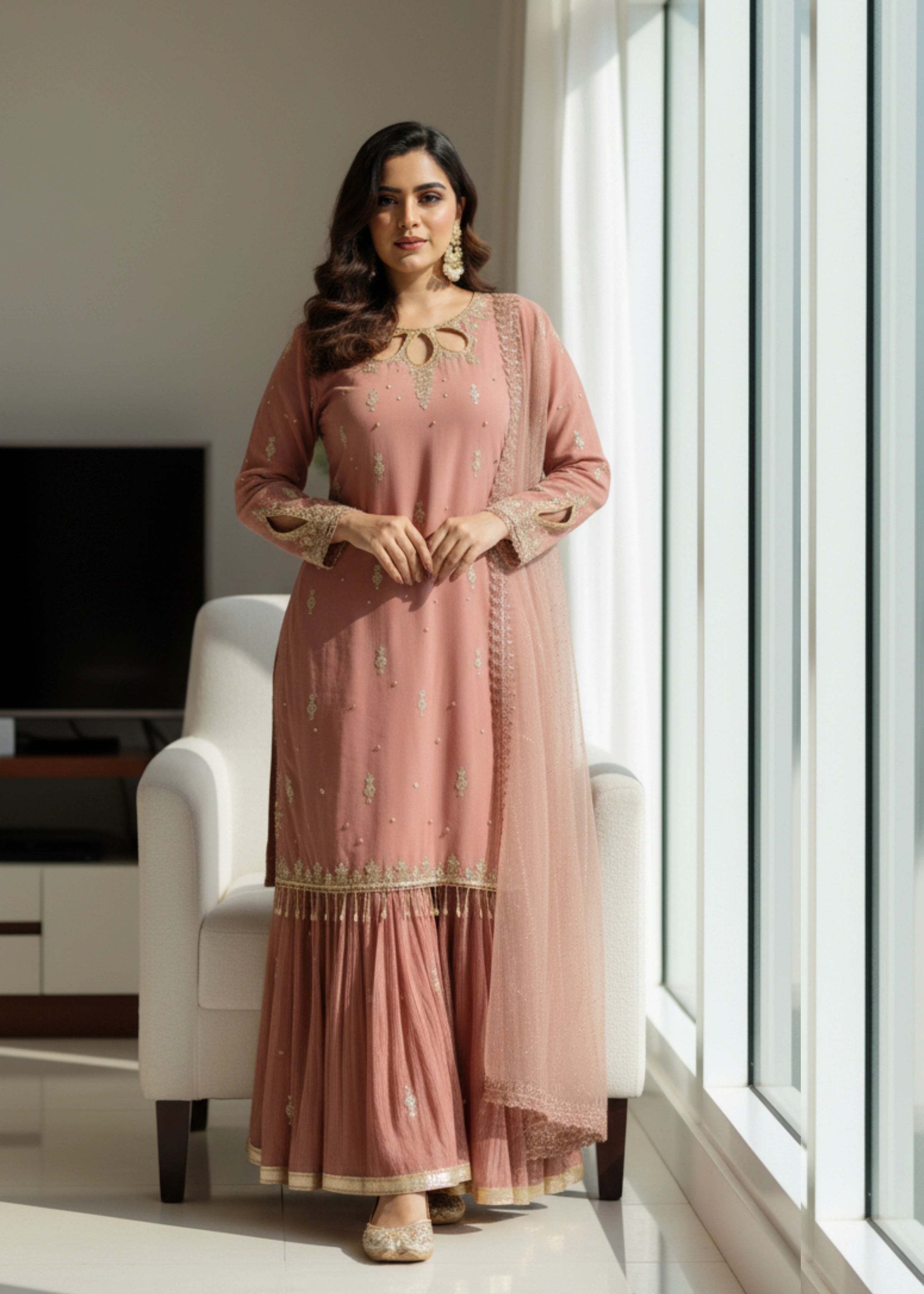 Mauve Georgette Embroidered Suit Set with Sequin Work and Dupatta