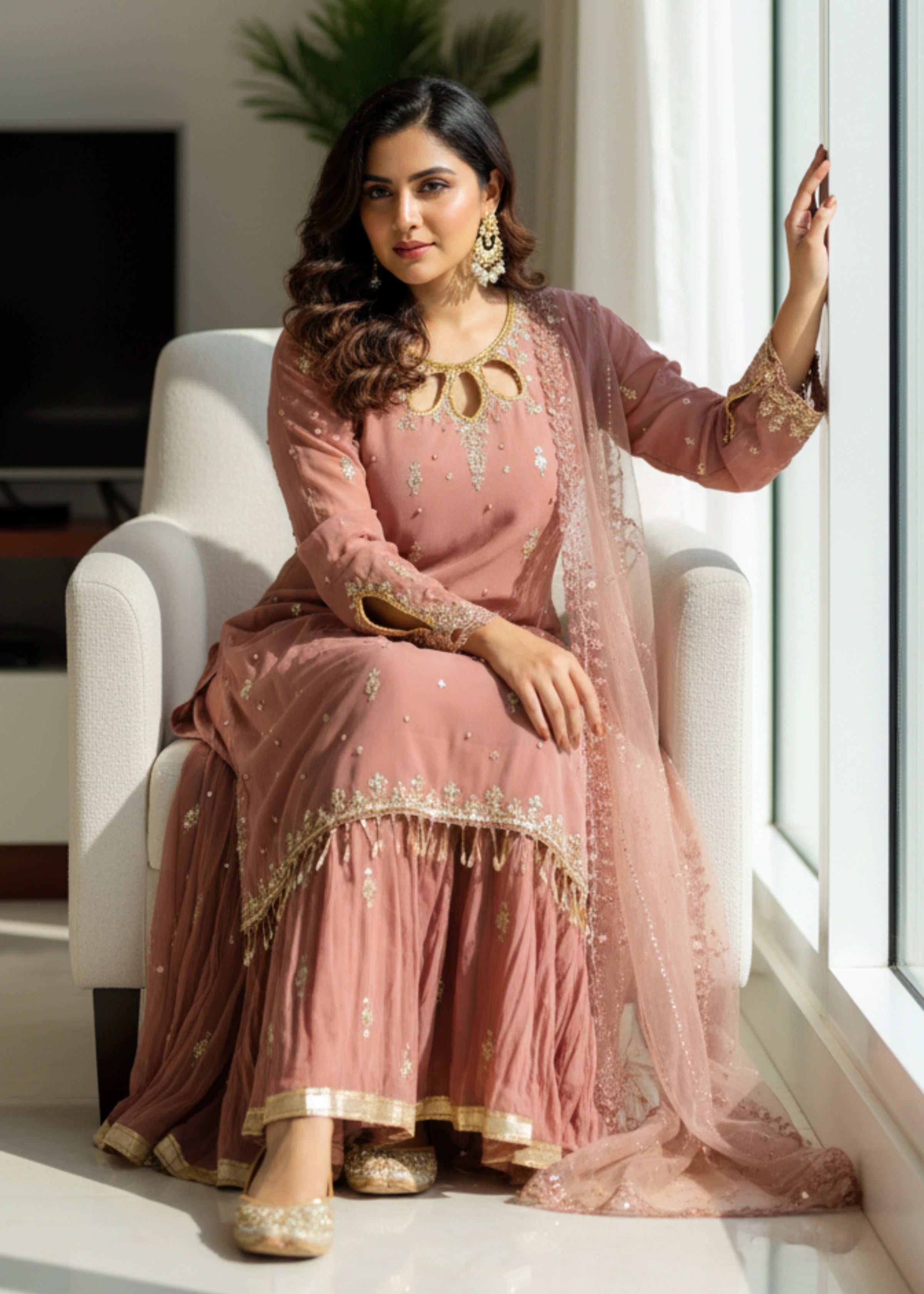 Mauve Georgette Embroidered Suit Set with Sequin Work and Dupatta