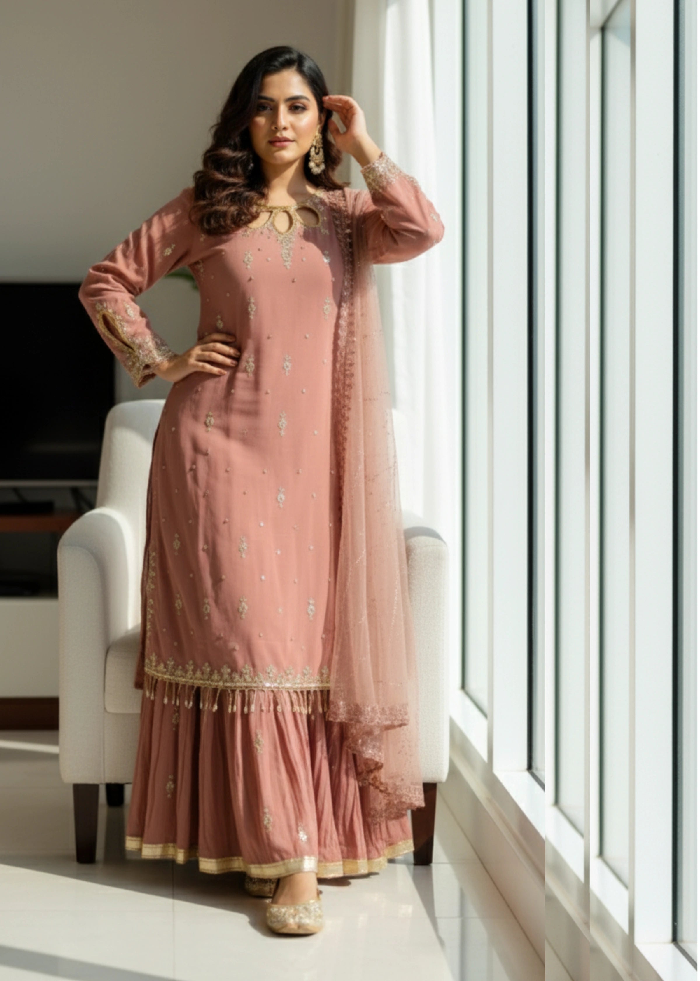 Mauve Georgette Embroidered Suit Set with Sequin Work and Dupatta