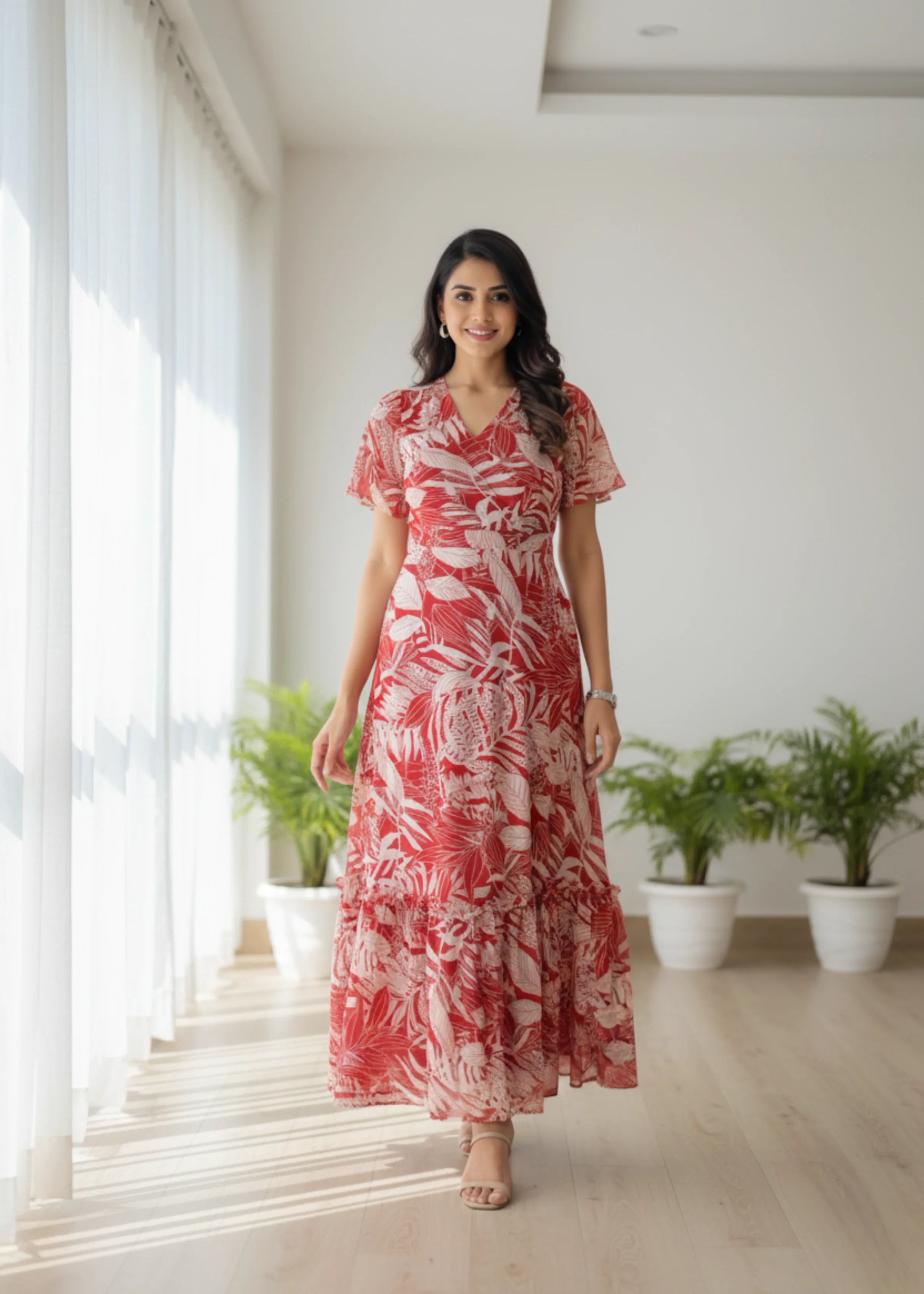 Miss Chase Women Maroon Floral Wrap Maxi Dress with V Neck and Flared Sleeves