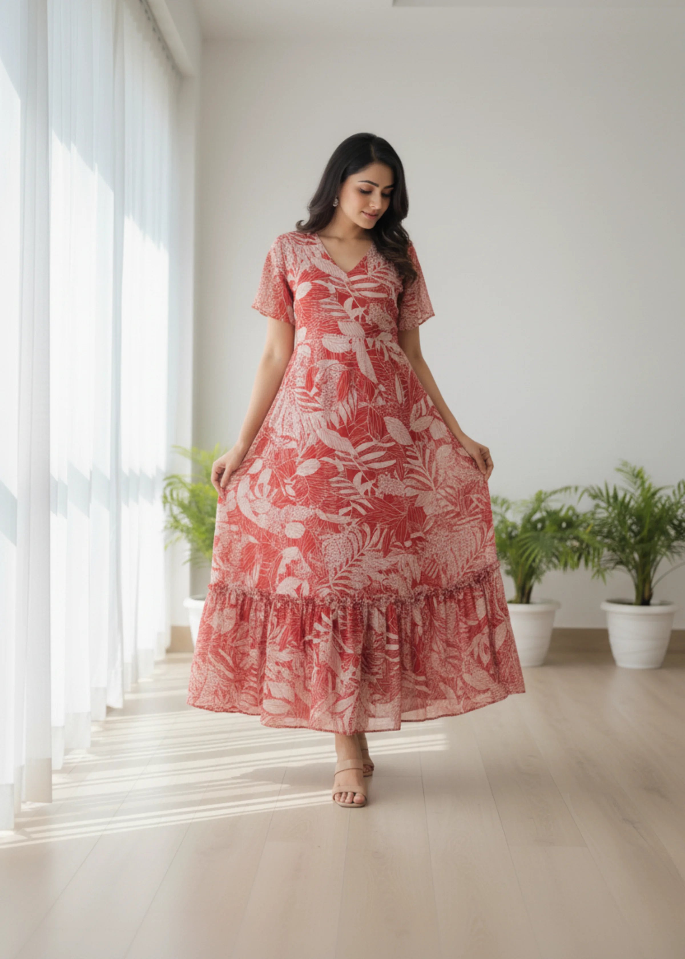 Miss Chase Women Maroon Floral Wrap Maxi Dress with V Neck and Flared Sleeves