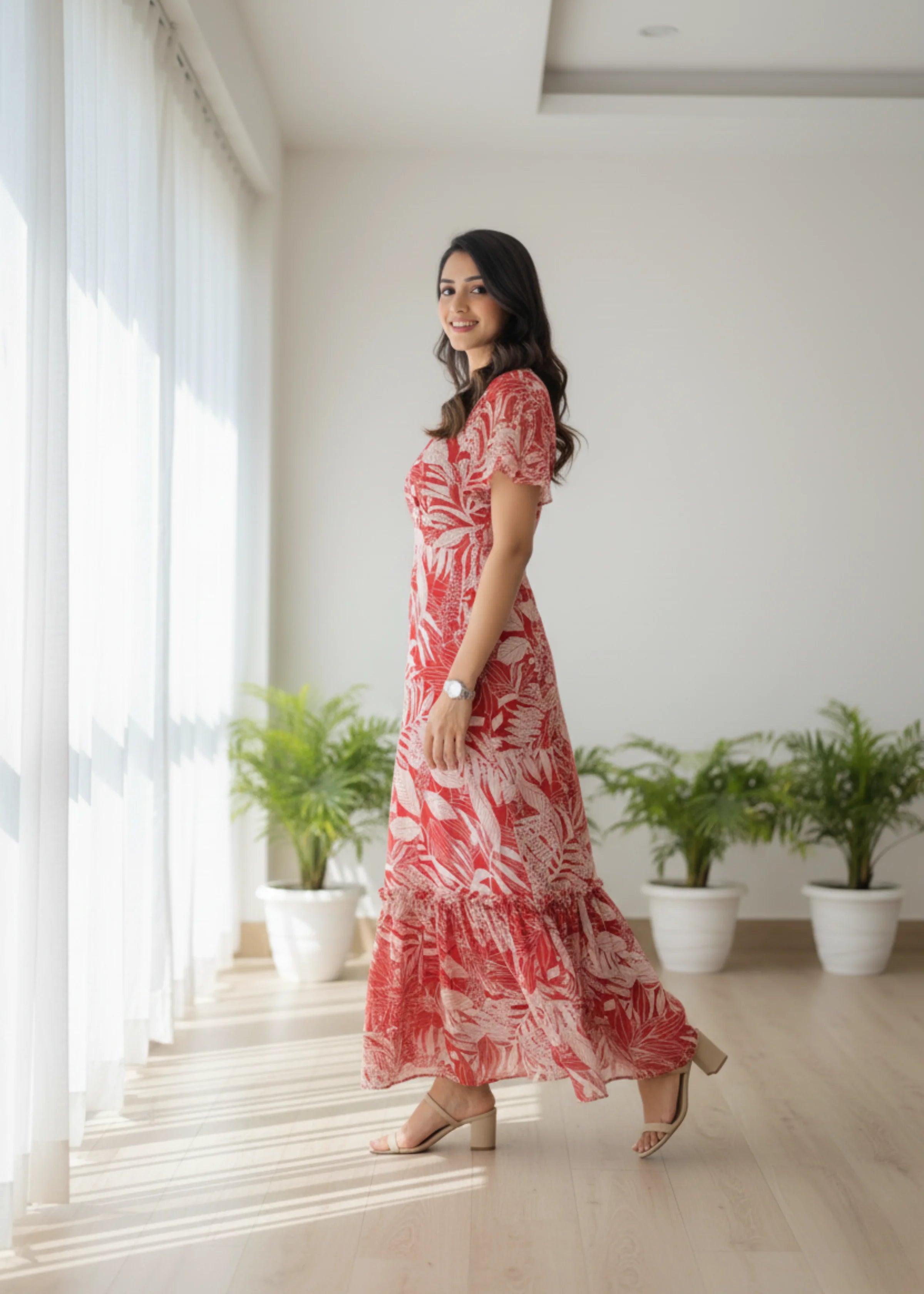 Miss Chase Women Maroon Floral Wrap Maxi Dress with V Neck and Flared Sleeves