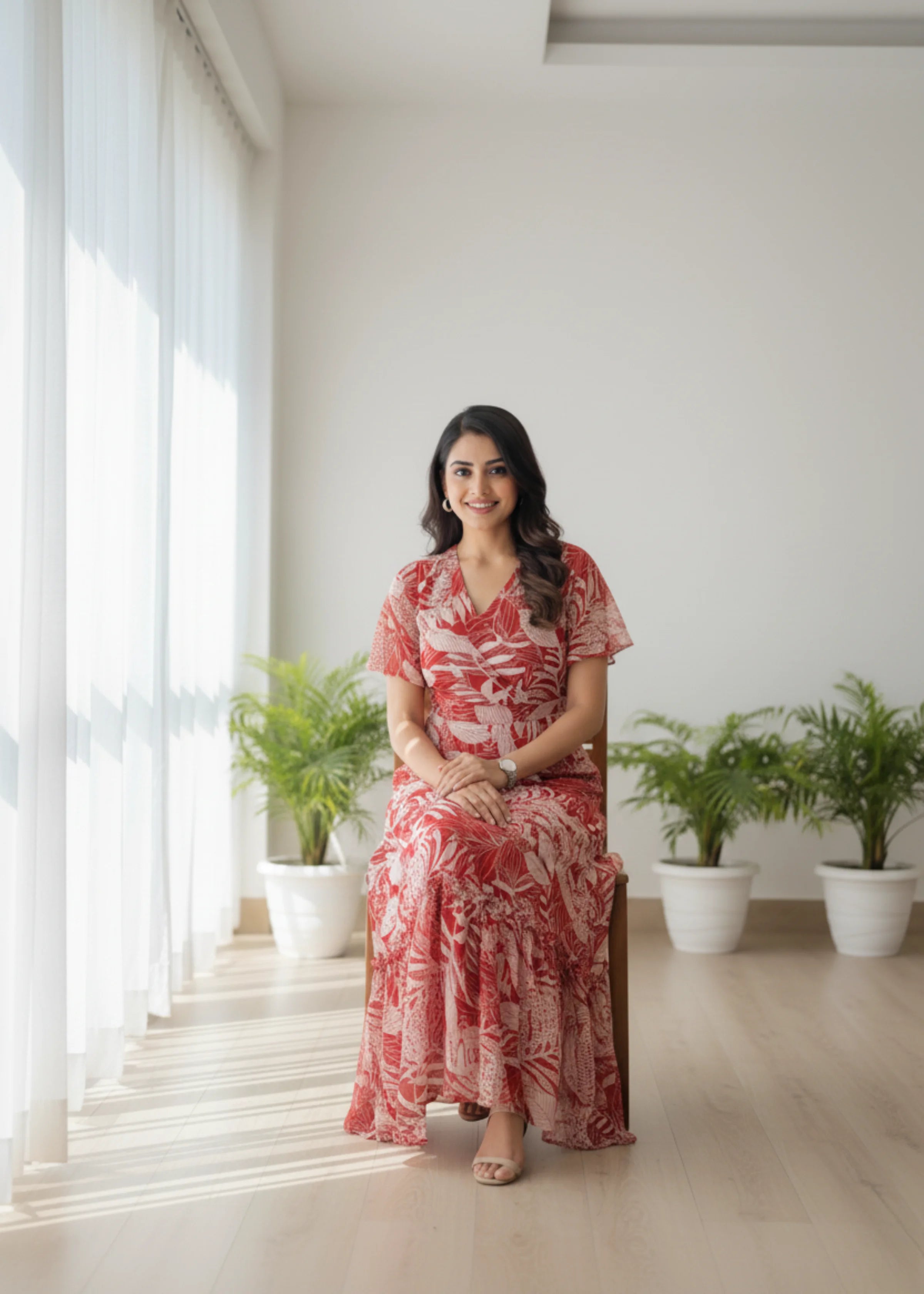 Miss Chase Women Maroon Floral Wrap Maxi Dress with V Neck and Flared Sleeves