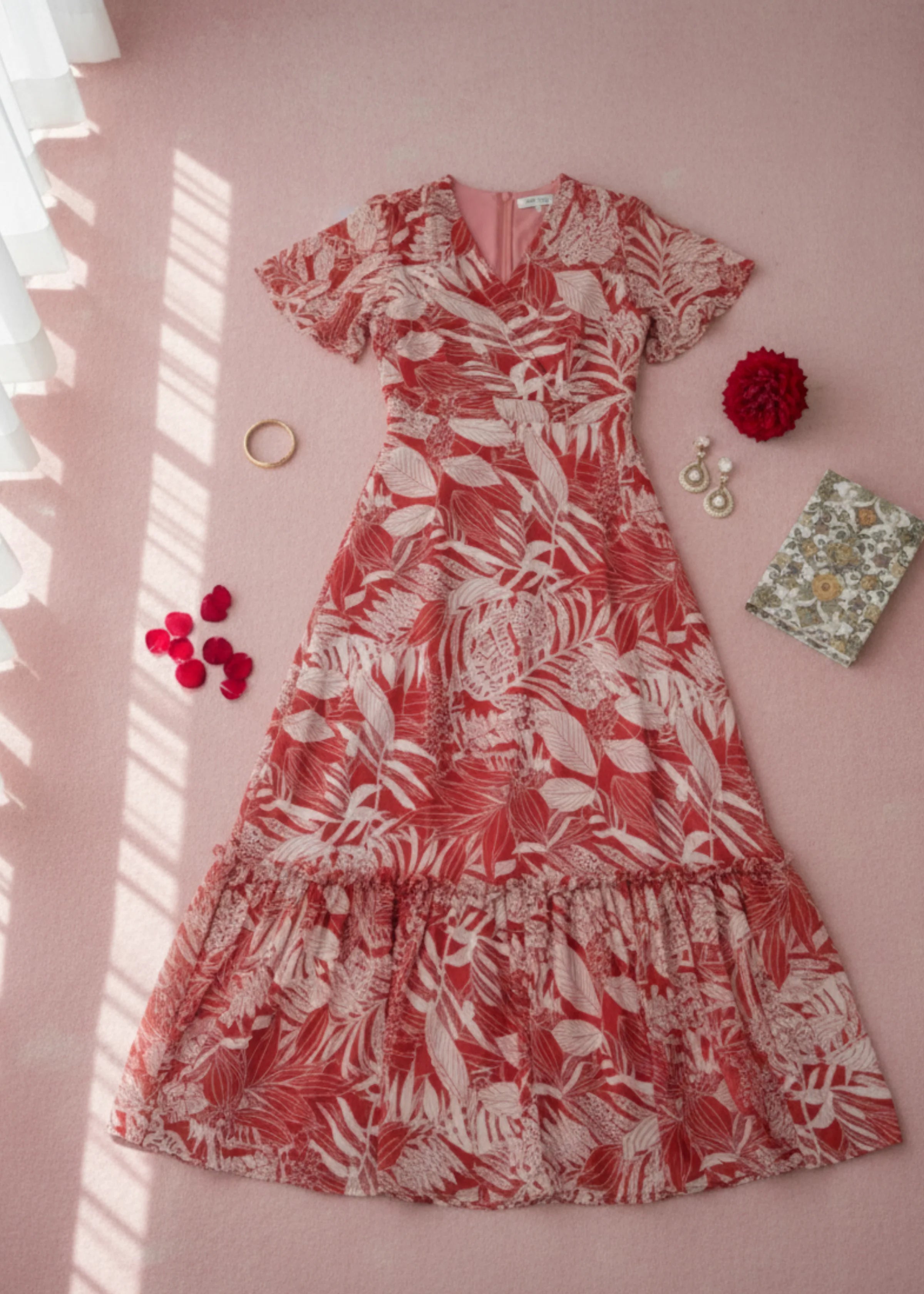 Miss Chase Women Maroon Floral Wrap Maxi Dress with V Neck and Flared Sleeves