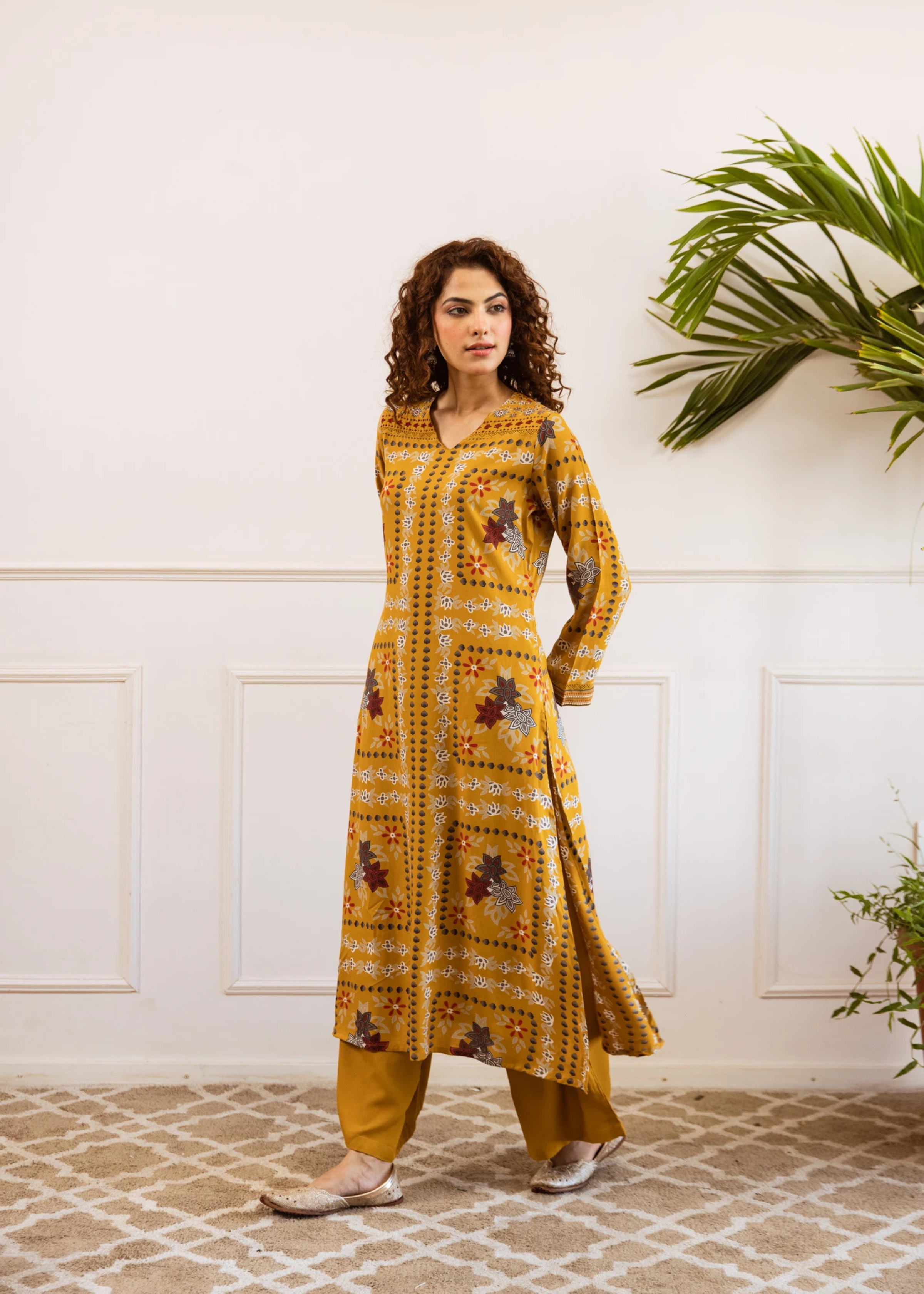 Mustard Yellow Printed Viscose Rayon Kurta with Palazzo Set