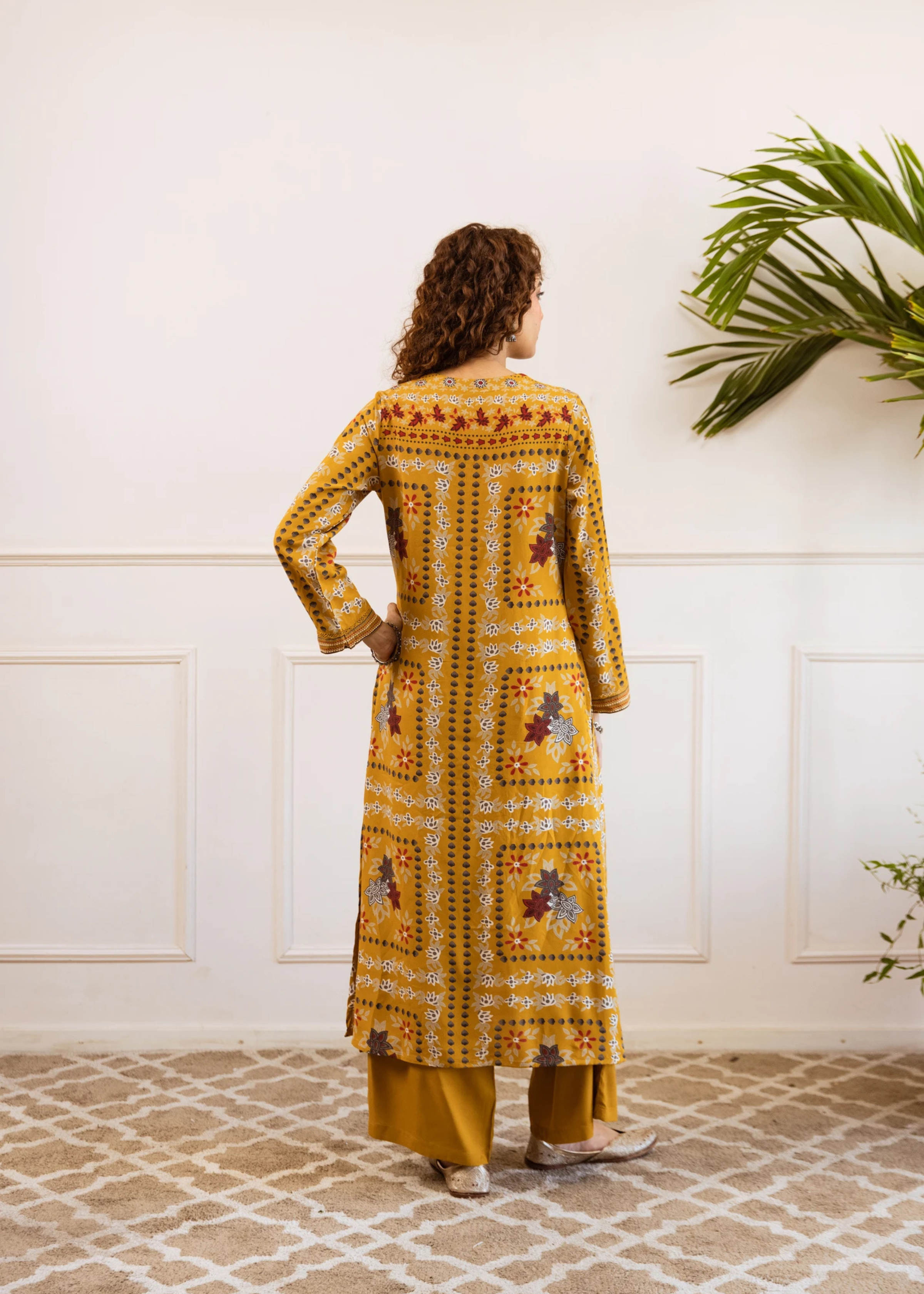 Mustard Yellow Printed Viscose Rayon Kurta with Palazzo Set