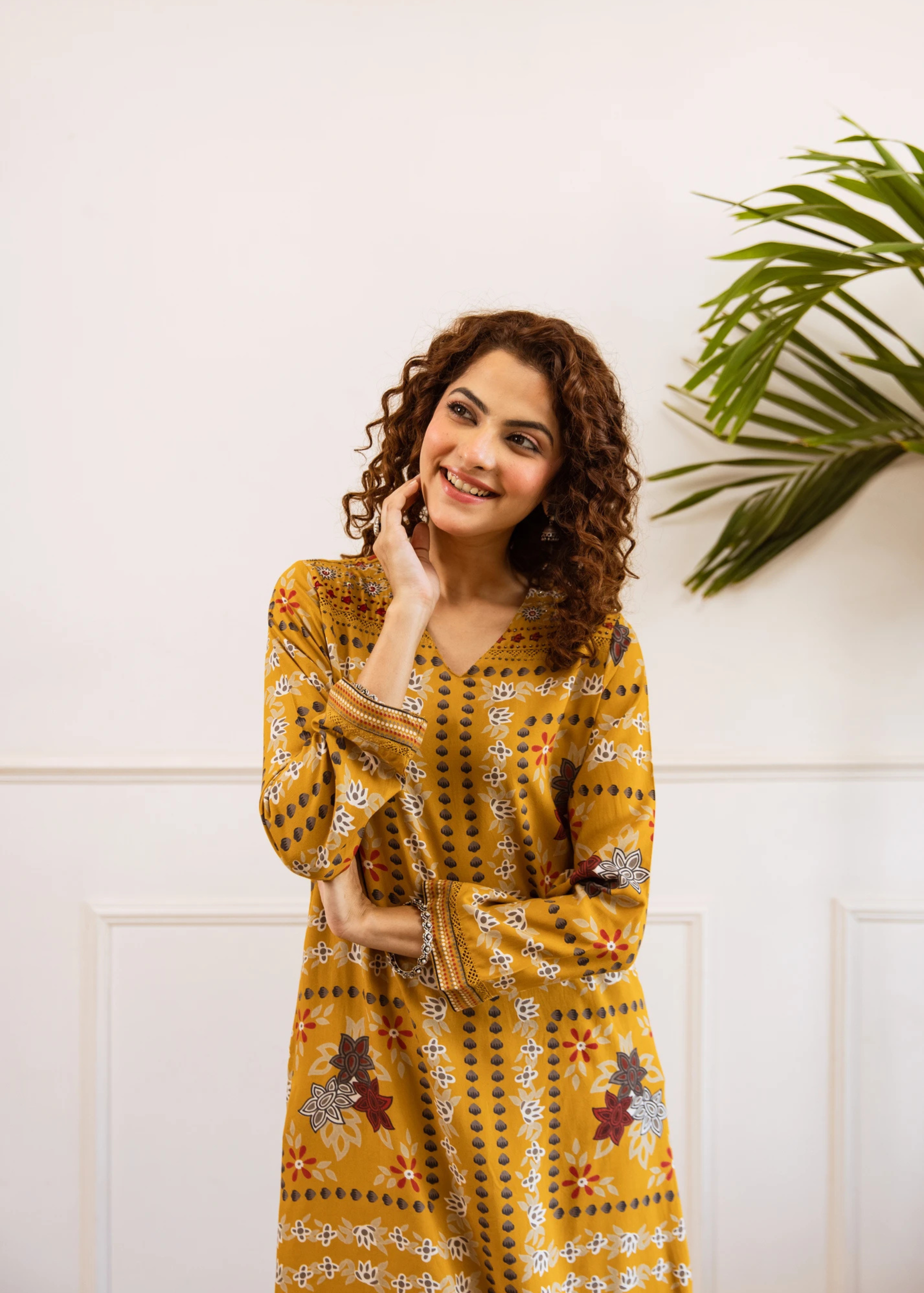 Mustard Yellow Printed Viscose Rayon Kurta with Palazzo Set