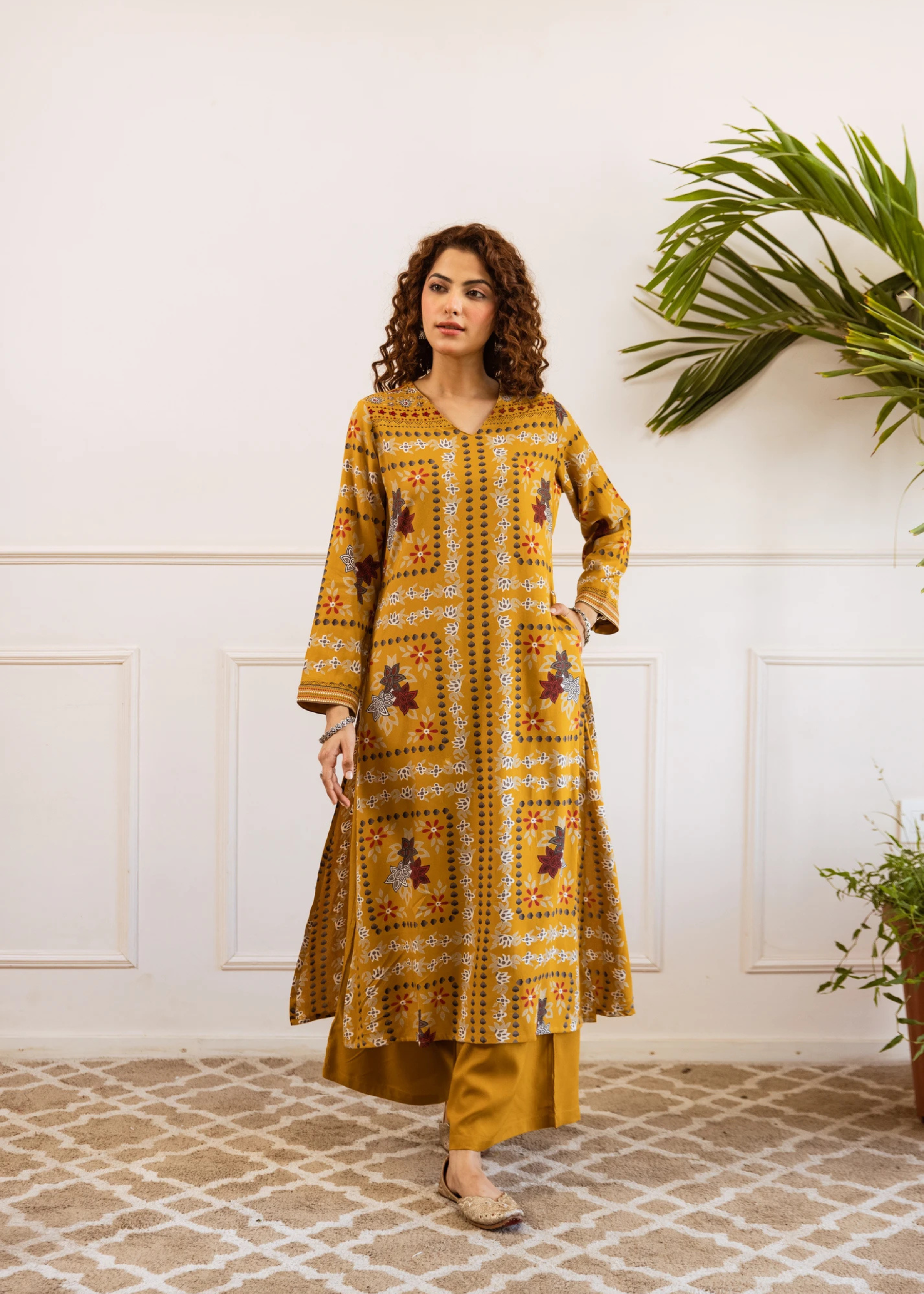 Mustard Yellow Printed Viscose Rayon Kurta with Palazzo Set