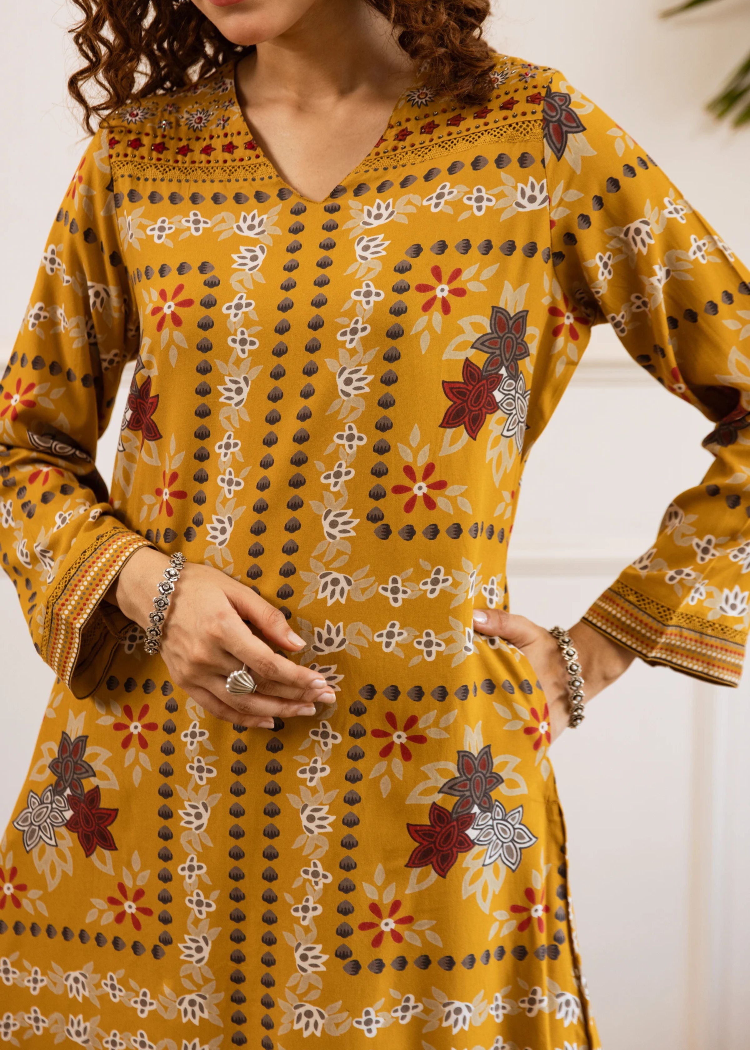 Mustard Yellow Printed Viscose Rayon Kurta with Palazzo Set