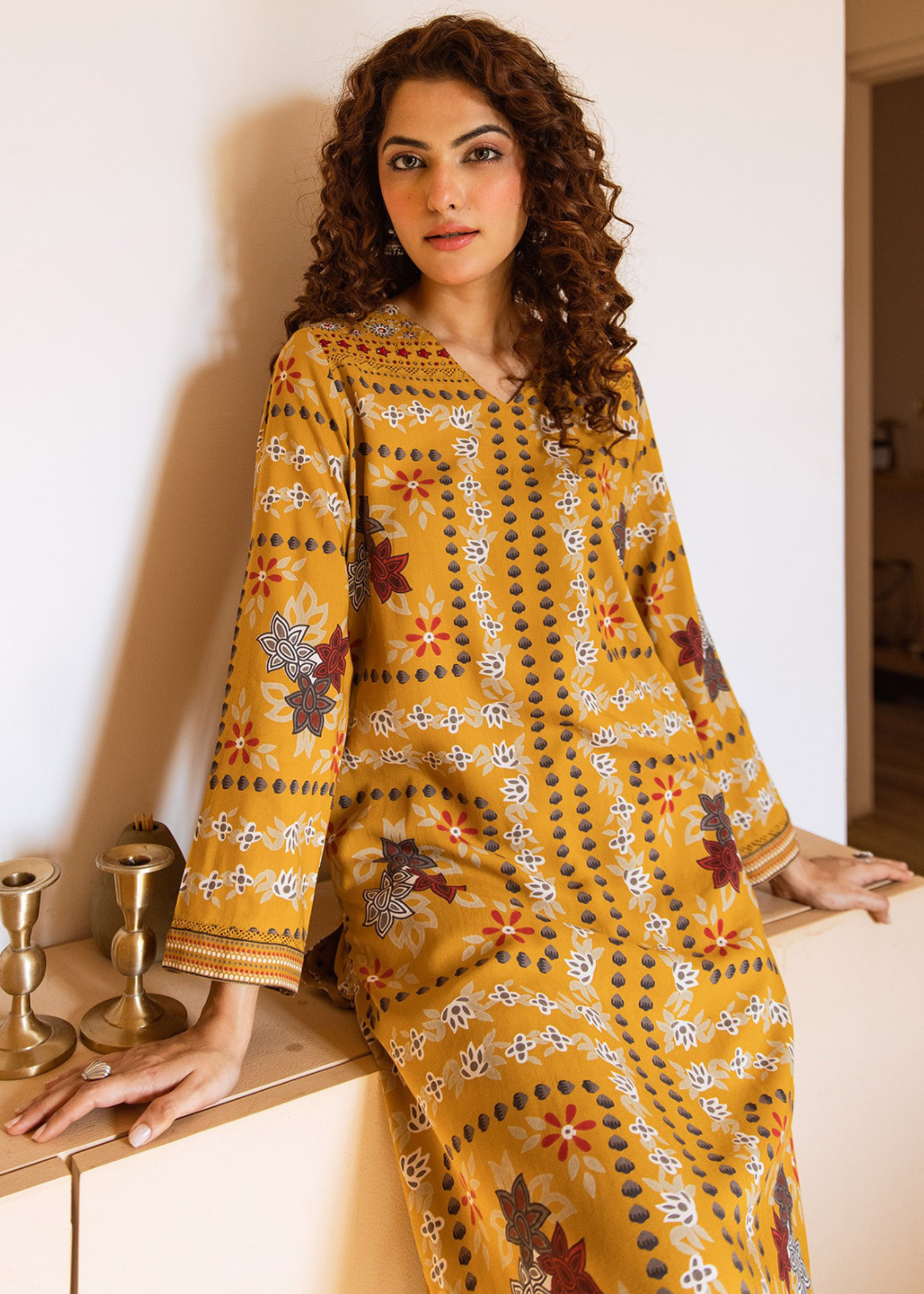 Mustard Yellow Printed Viscose Rayon Kurta with Palazzo Set