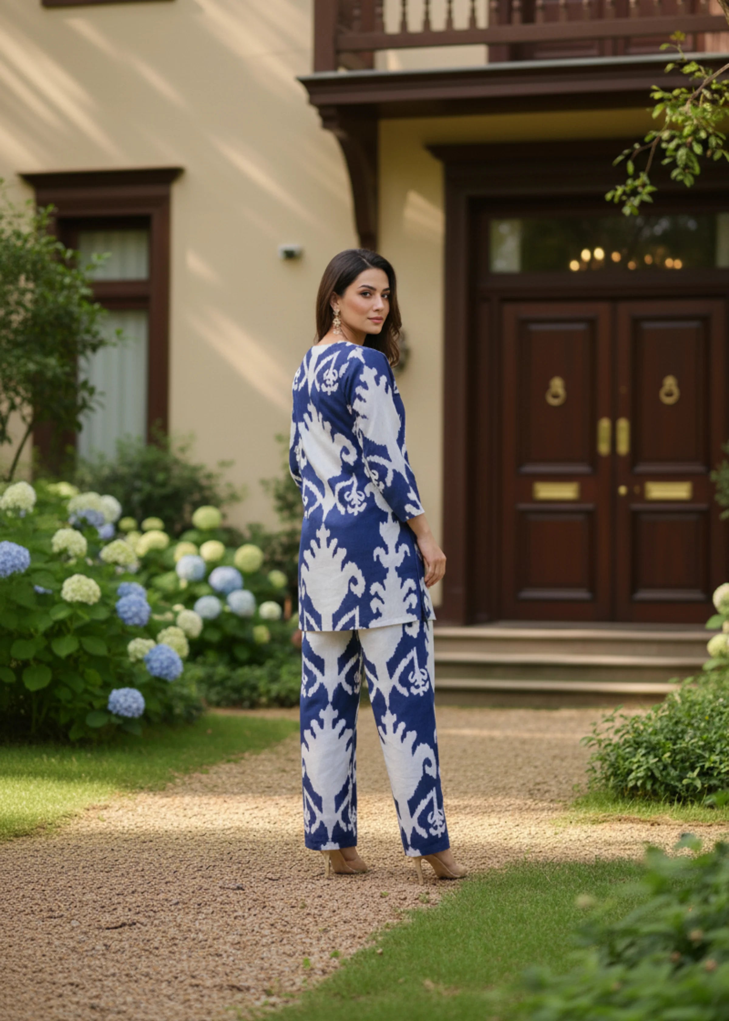 Navy Blue and White Printed Rayon Co-ord Set for Women Stylish Daily and Casual Wear