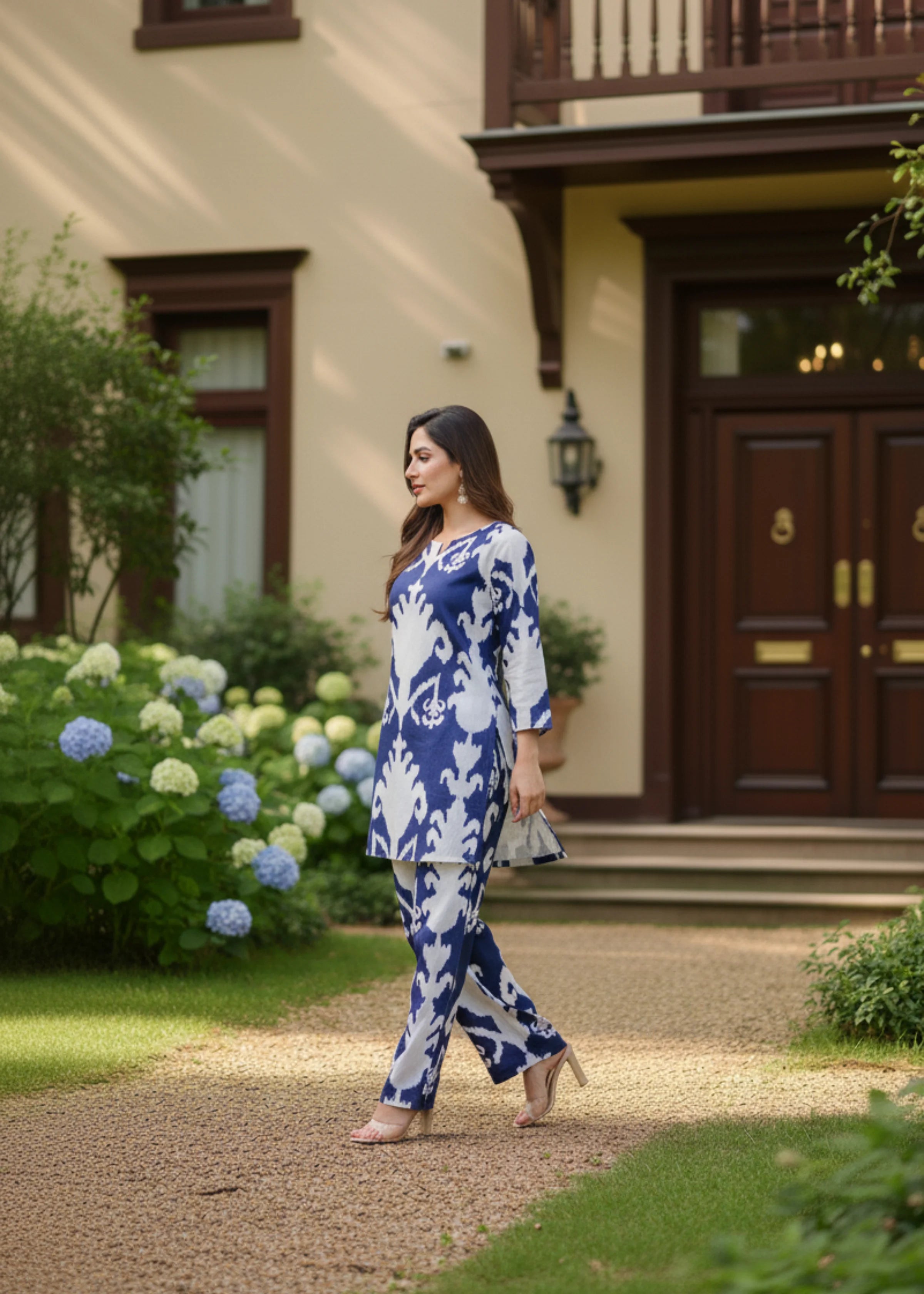 Navy Blue and White Printed Rayon Co-ord Set for Women Stylish Daily and Casual Wear