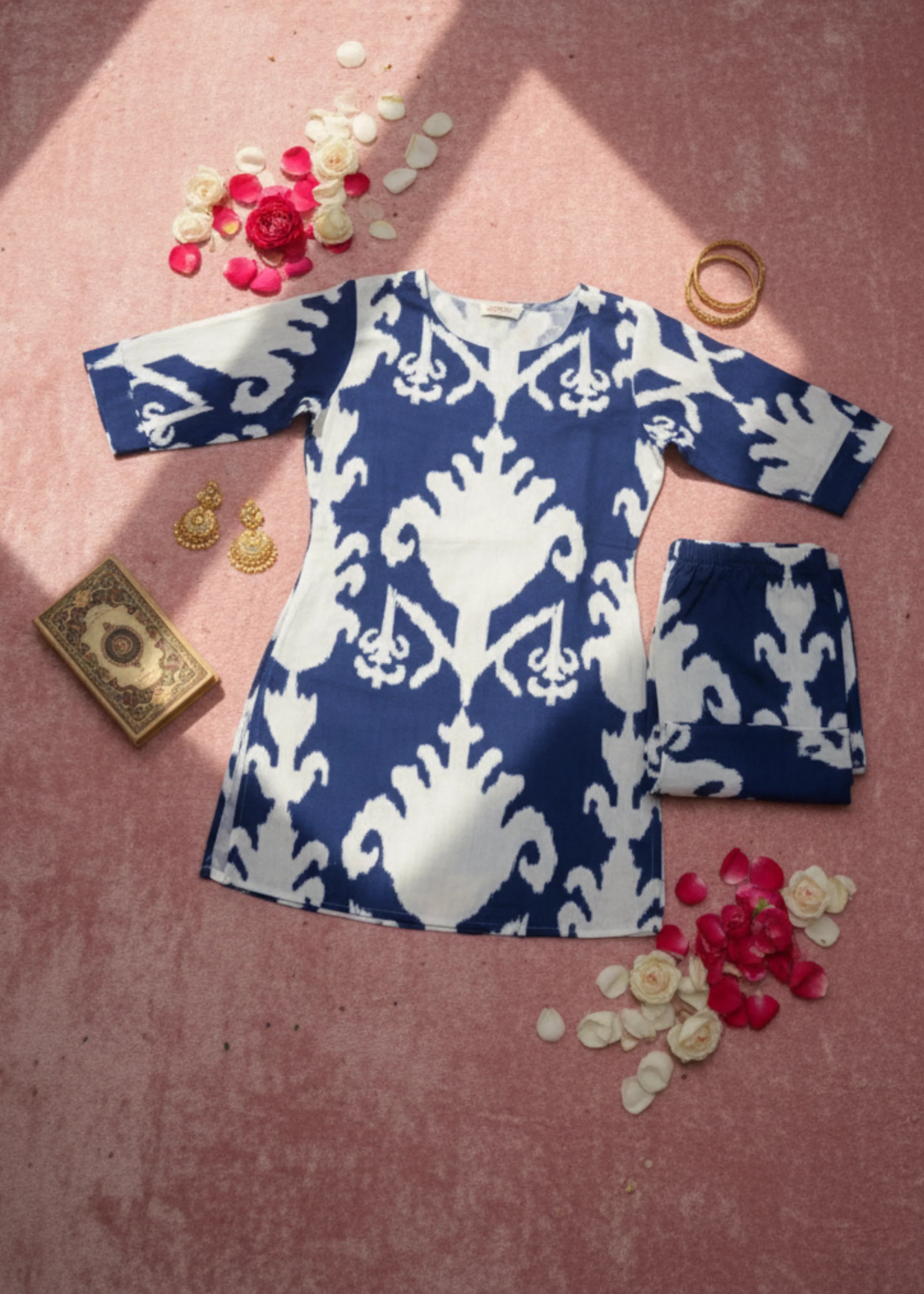 Navy Blue and White Printed Rayon Co-ord Set for Women Stylish Daily and Casual Wear