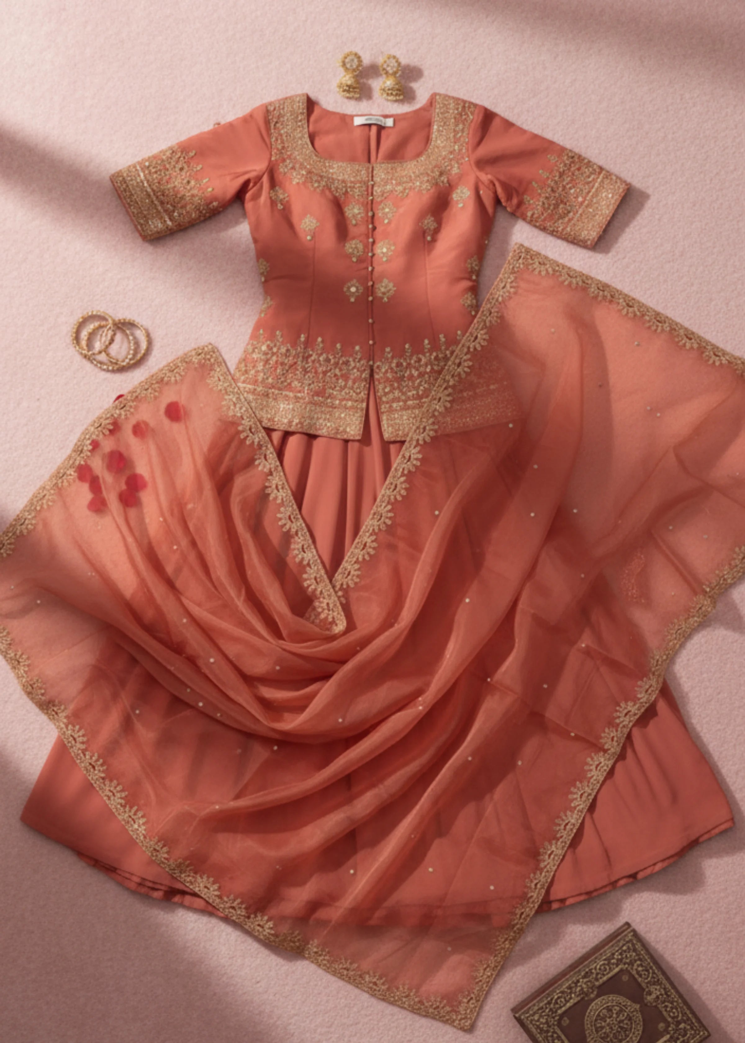 Orange Silk Lehenga Set with Embroidered Top and Net Dupatta Festive Party Wear