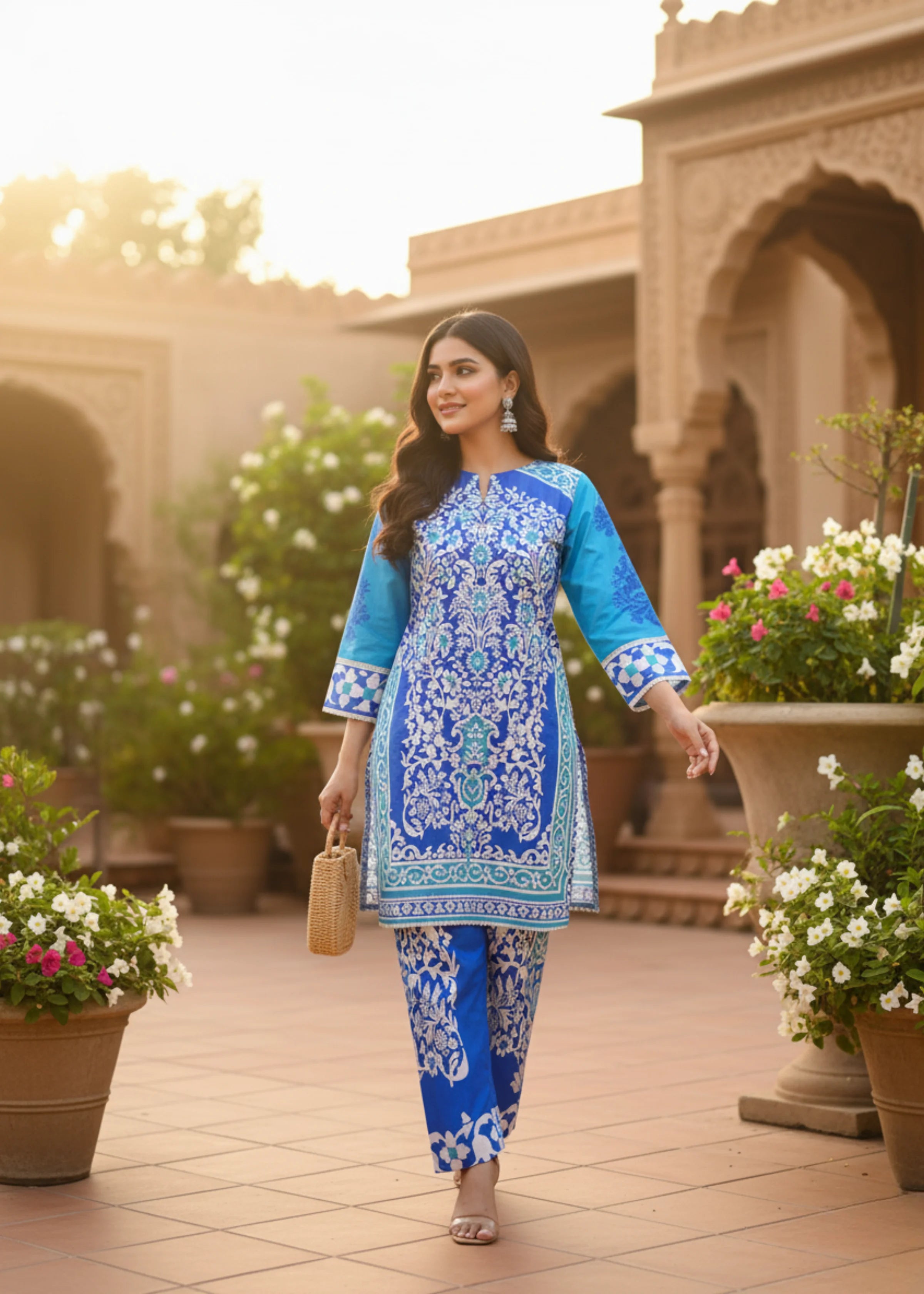 Pakistani Style Blue Muslin Suit Set with Modern Print