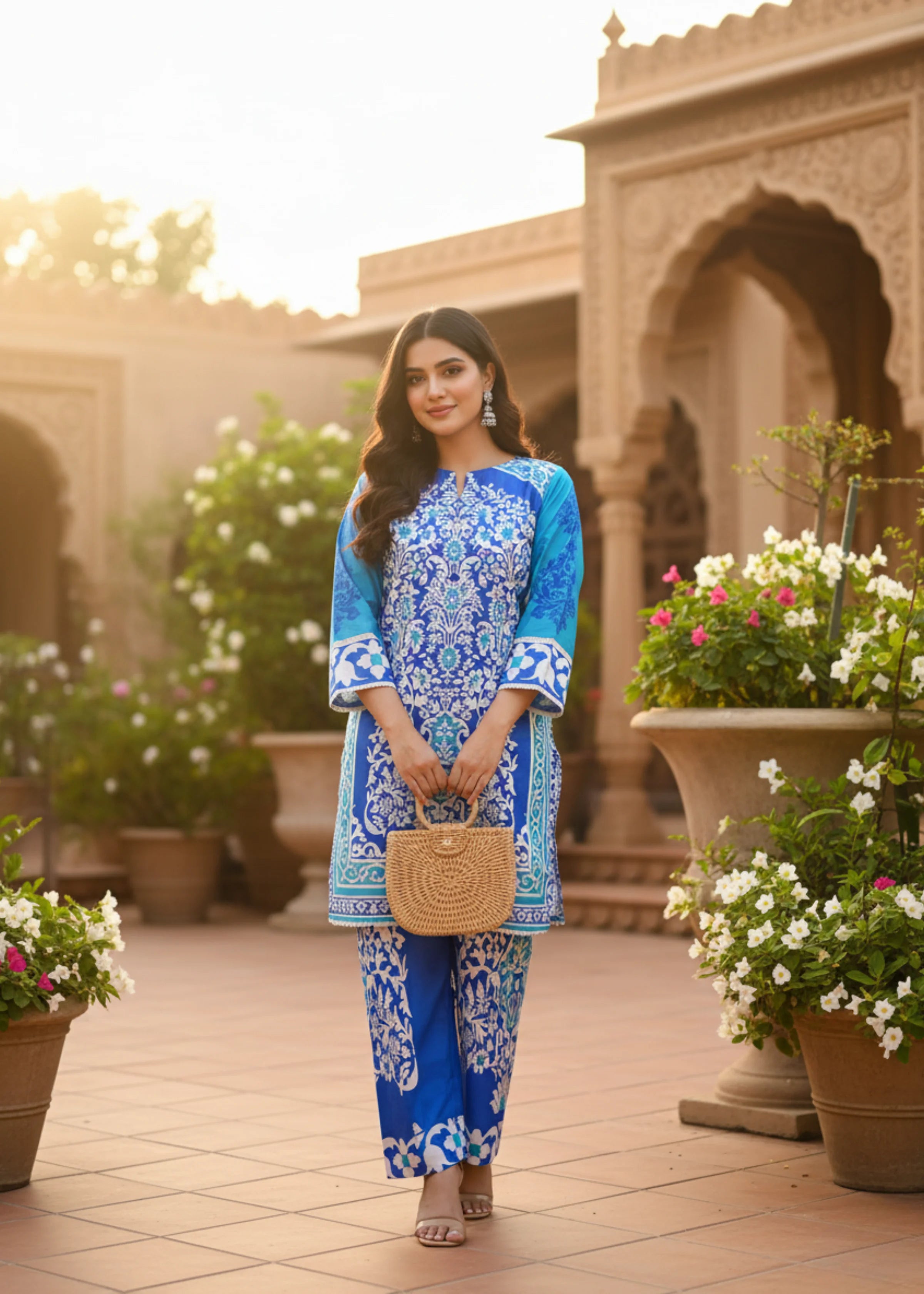 Pakistani Style Blue Muslin Suit Set with Modern Print