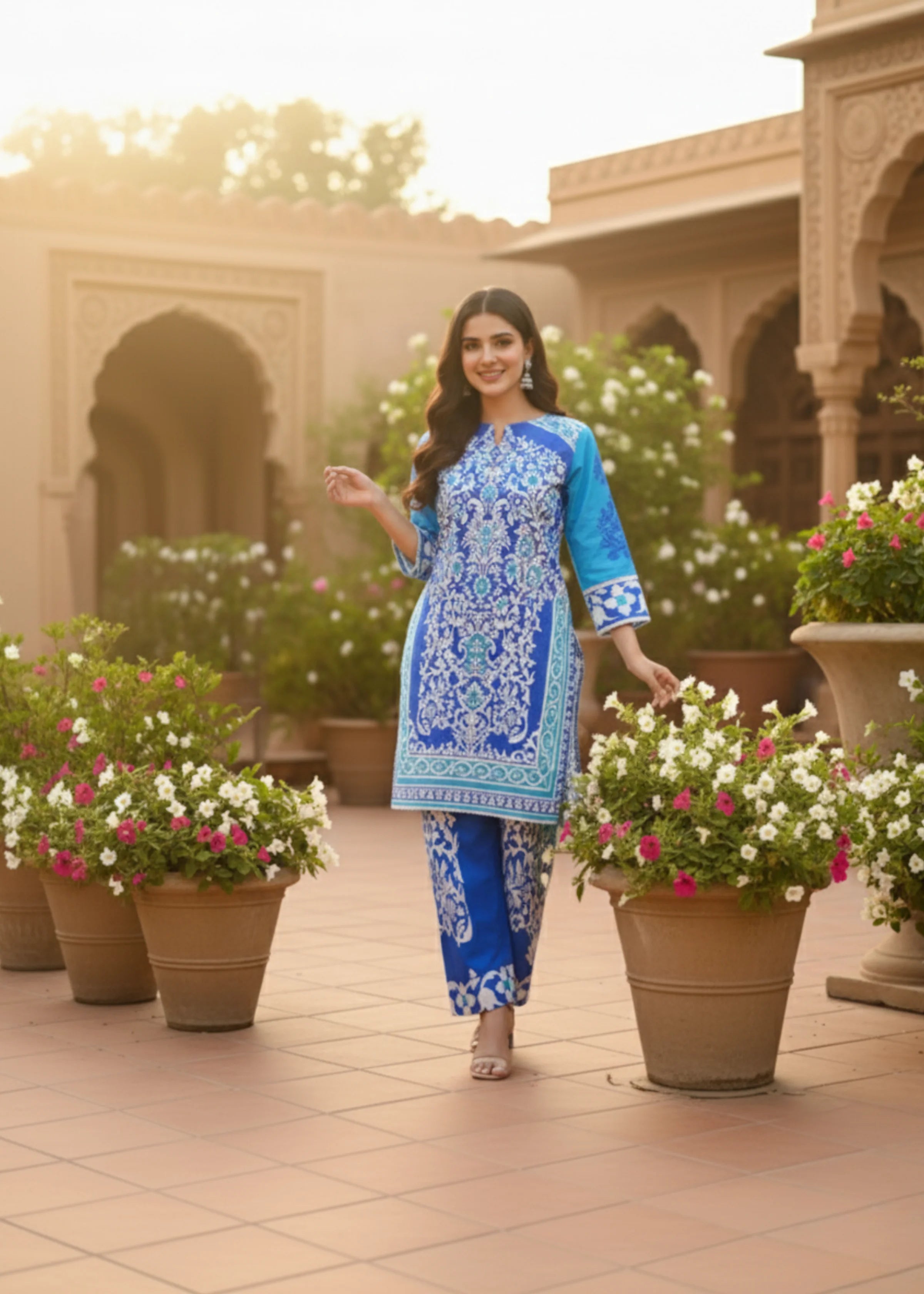Pakistani Style Blue Muslin Suit Set with Modern Print