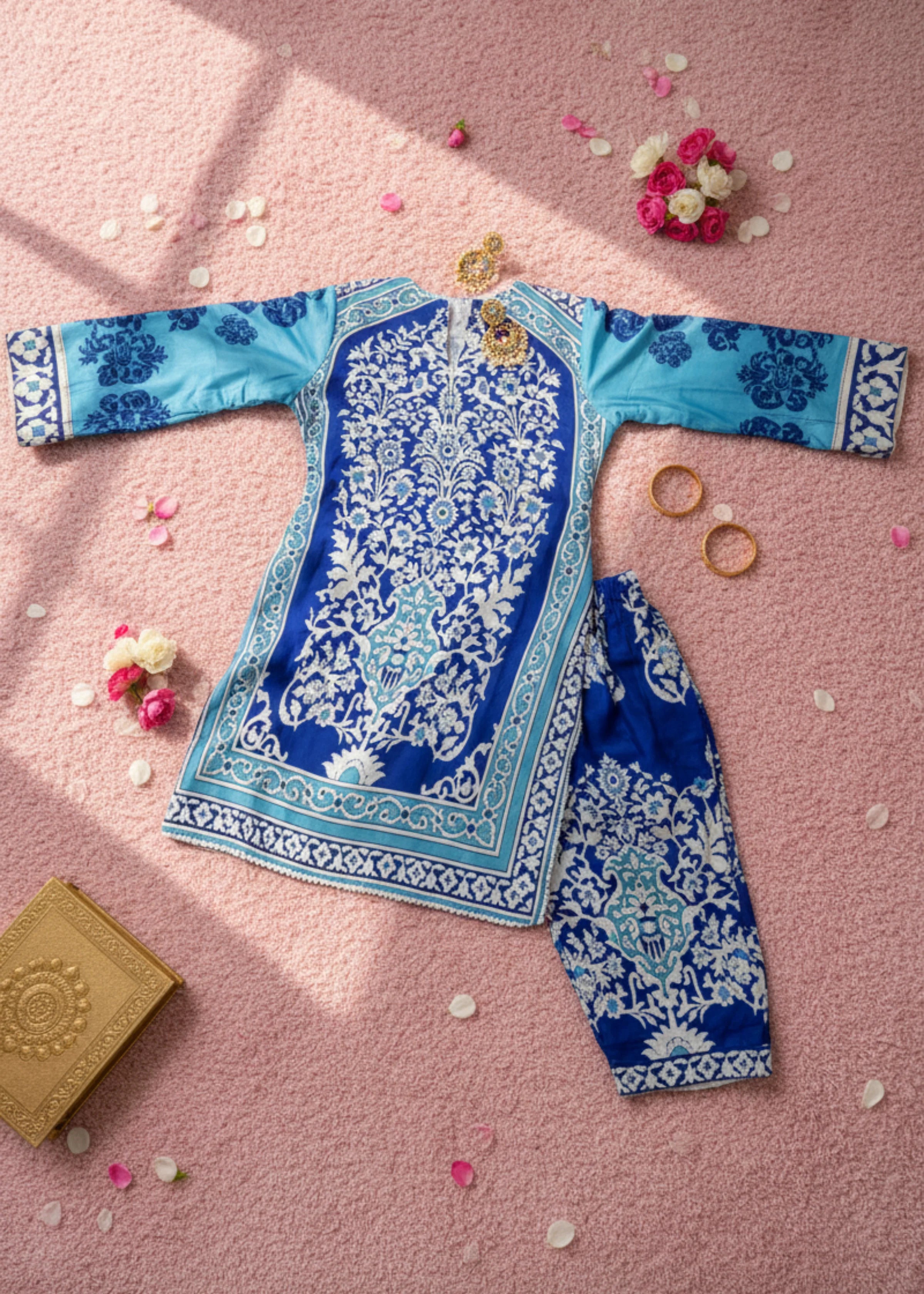 Pakistani Style Blue Muslin Suit Set with Modern Print