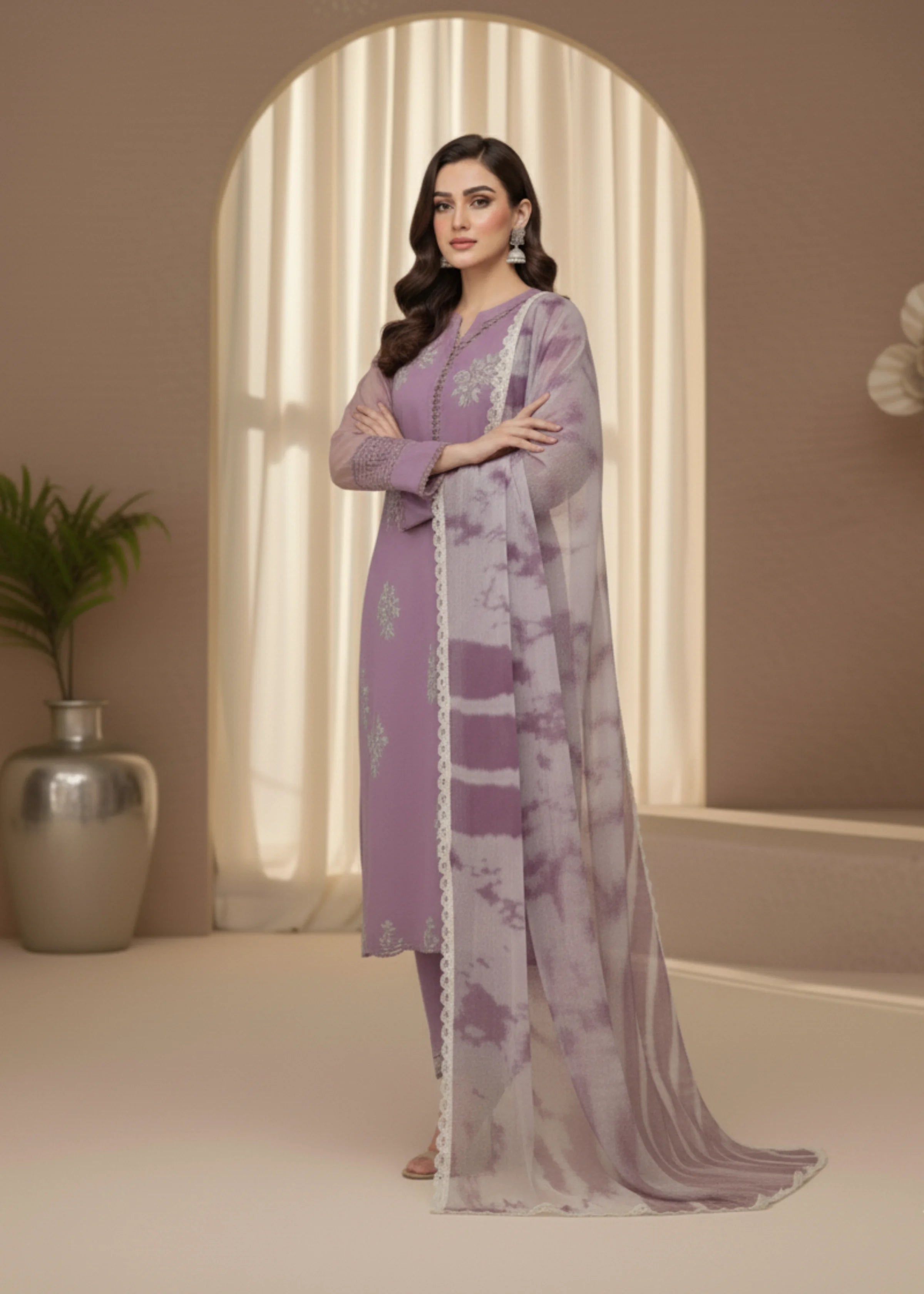 Purple Roman Pakistani Silk Embroidered Suit with Chiffon Dupatta