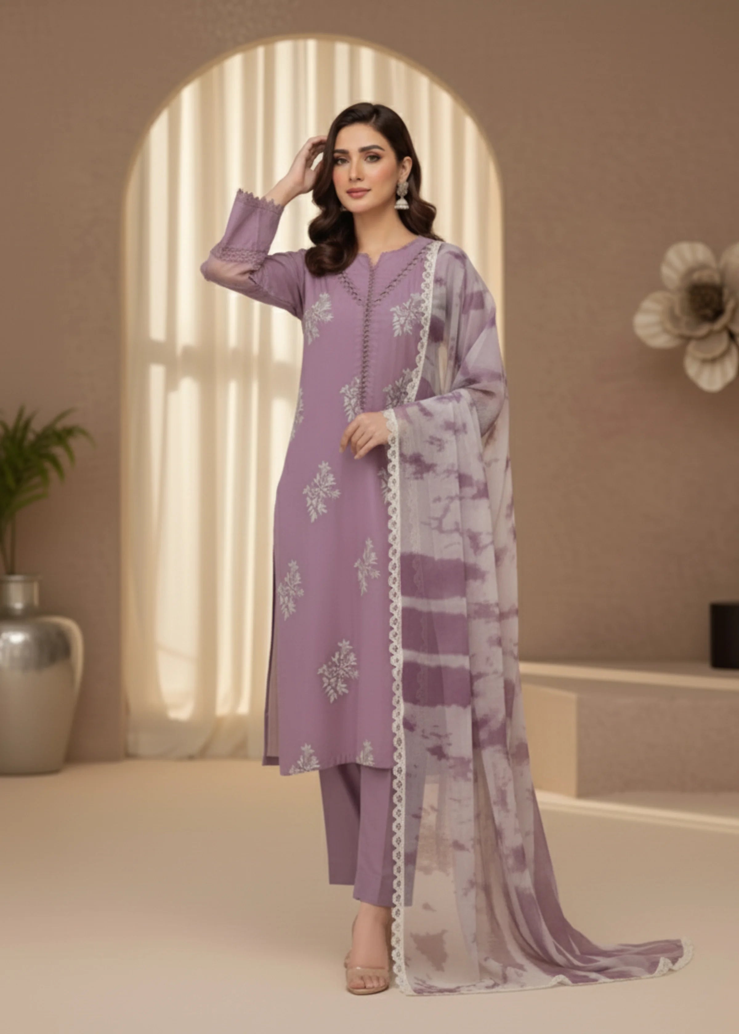 Purple Roman Pakistani Silk Embroidered Suit with Chiffon Dupatta