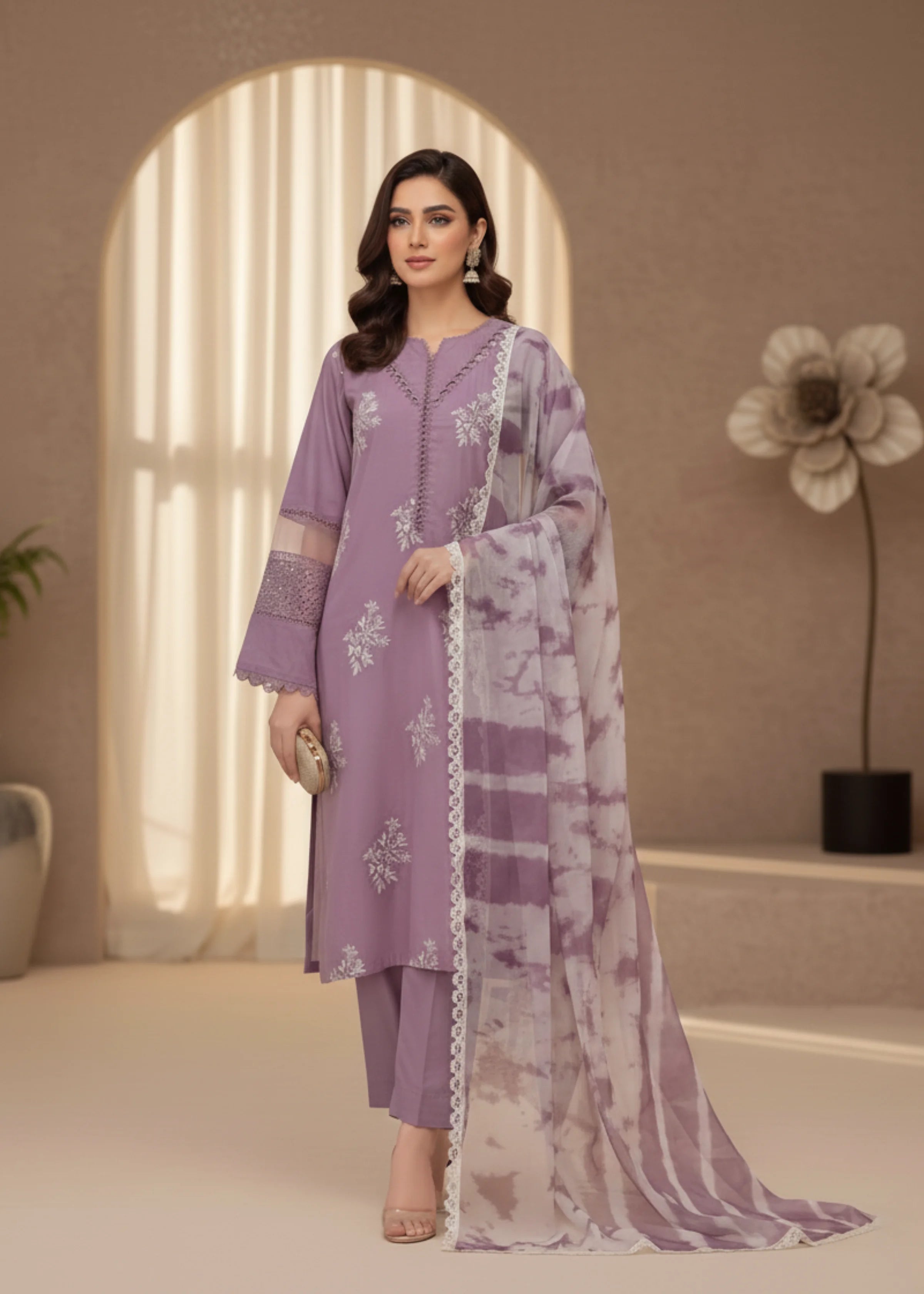 Purple Roman Pakistani Silk Embroidered Suit with Chiffon Dupatta