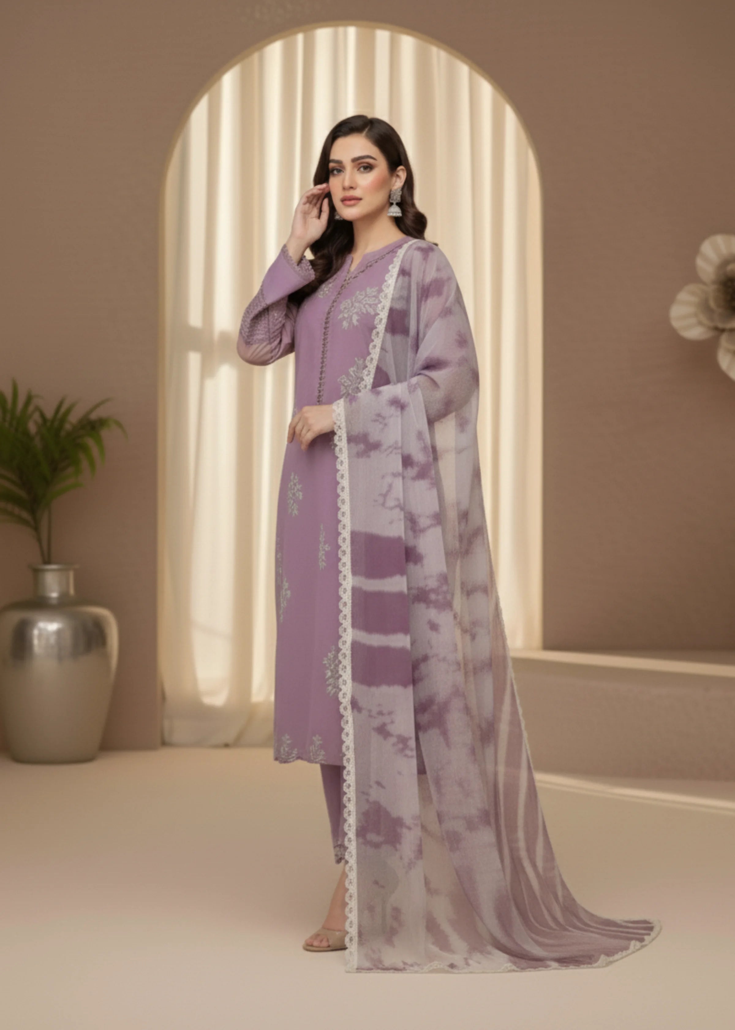 Purple Roman Pakistani Silk Embroidered Suit with Chiffon Dupatta