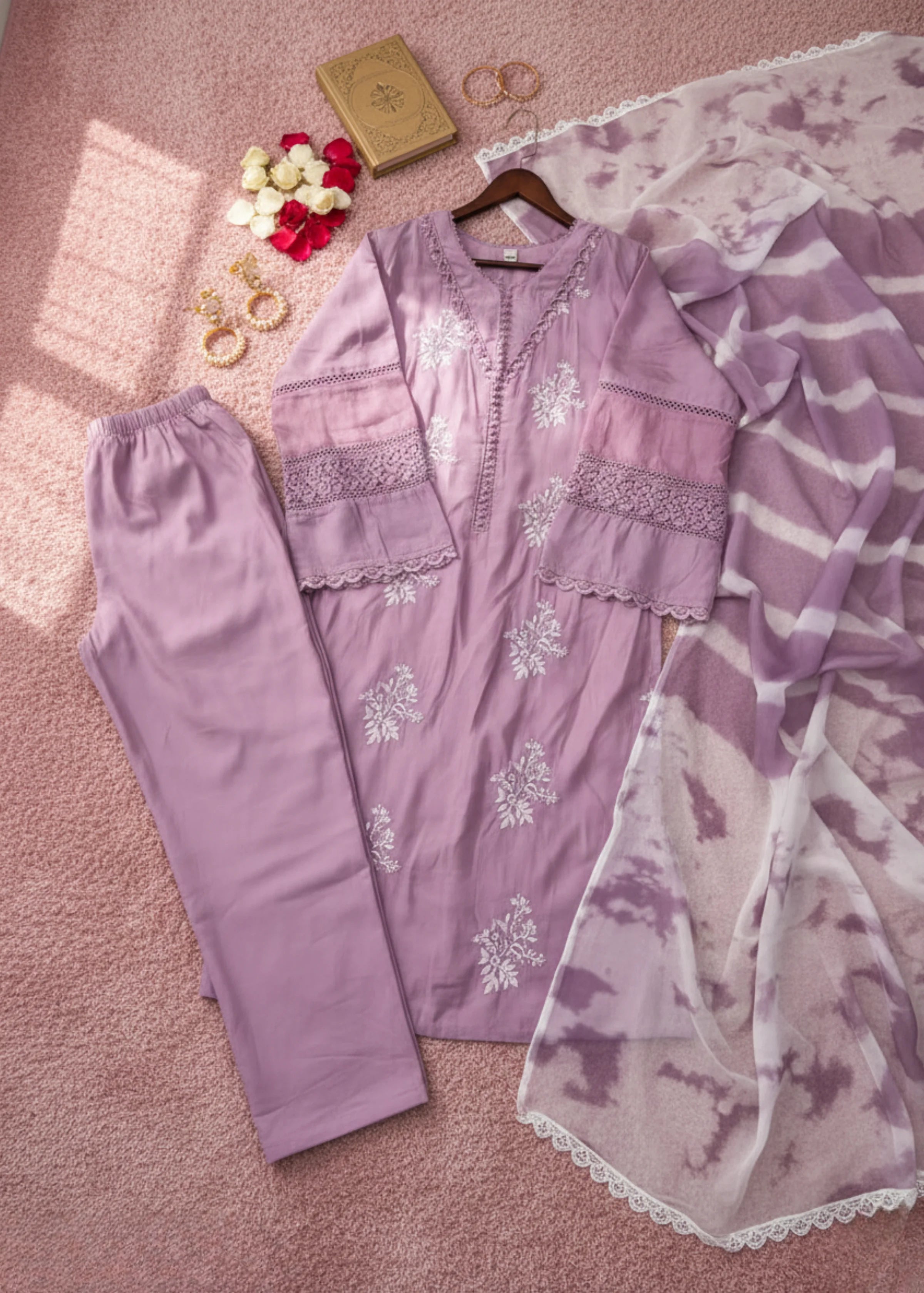 Purple Roman Pakistani Silk Embroidered Suit with Chiffon Dupatta