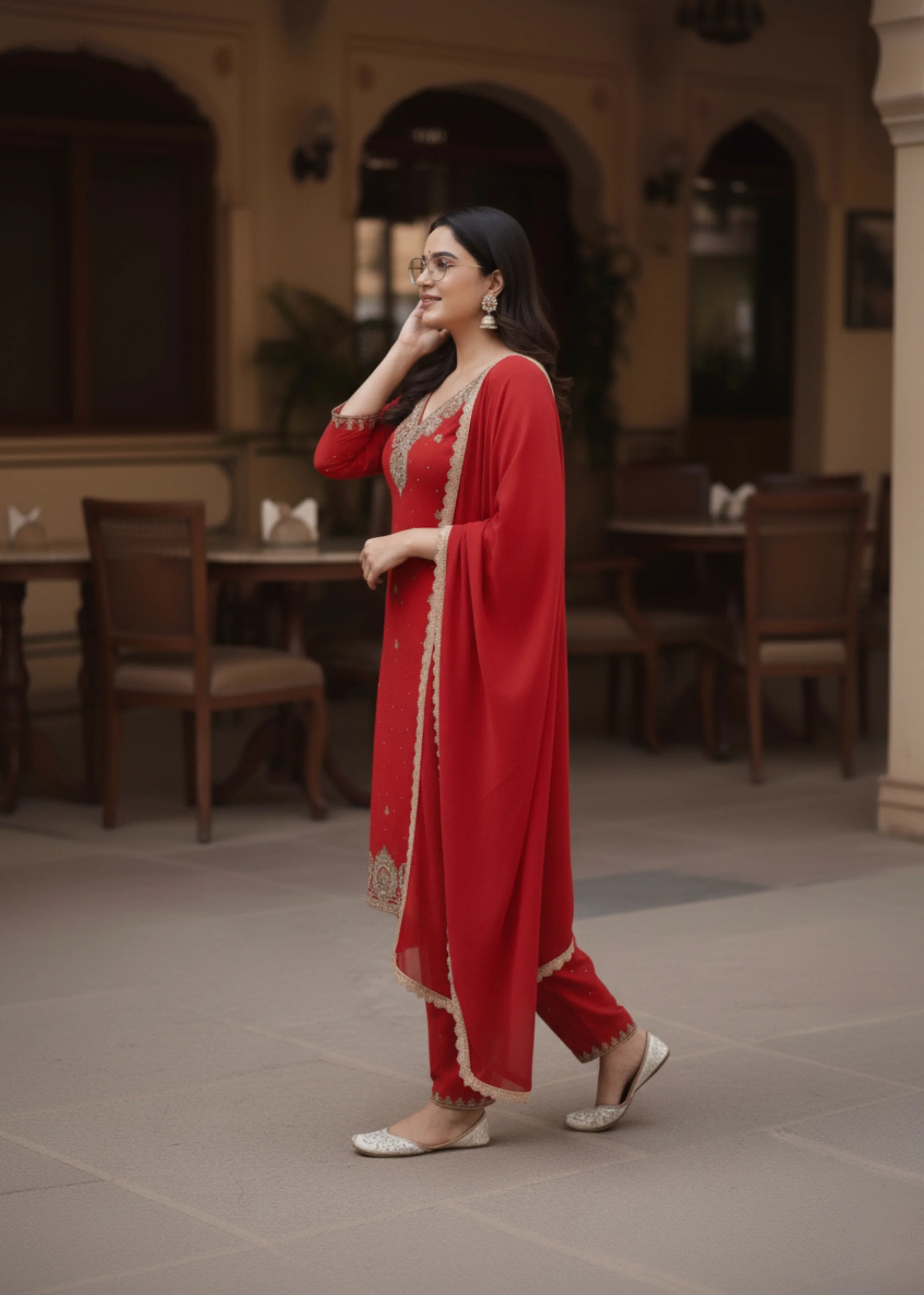 Red Embroidered Georgette Palazzo Suit Set with Dupatta Festive Wear for Women