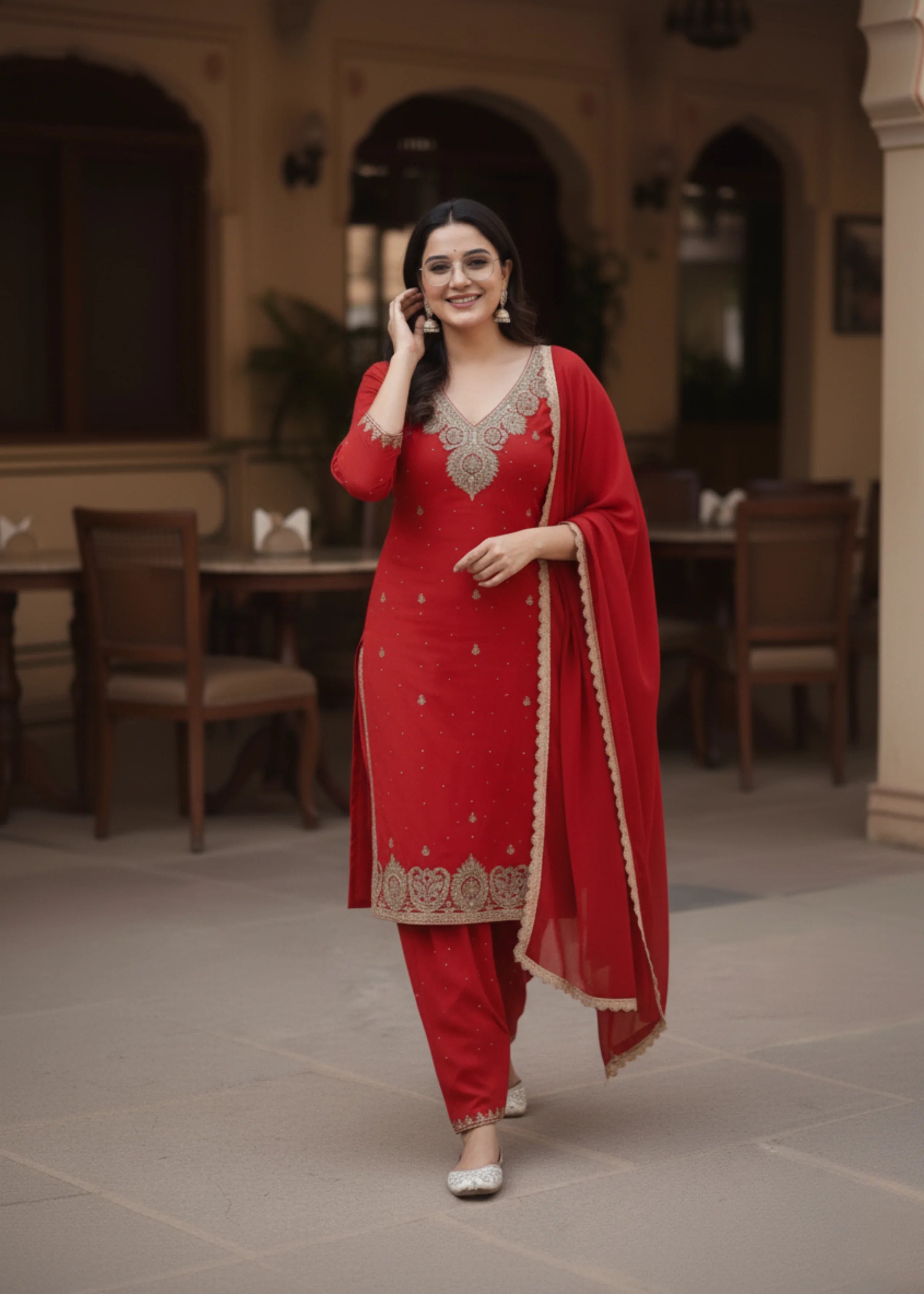 Red Embroidered Georgette Palazzo Suit Set with Dupatta Festive Wear for Women