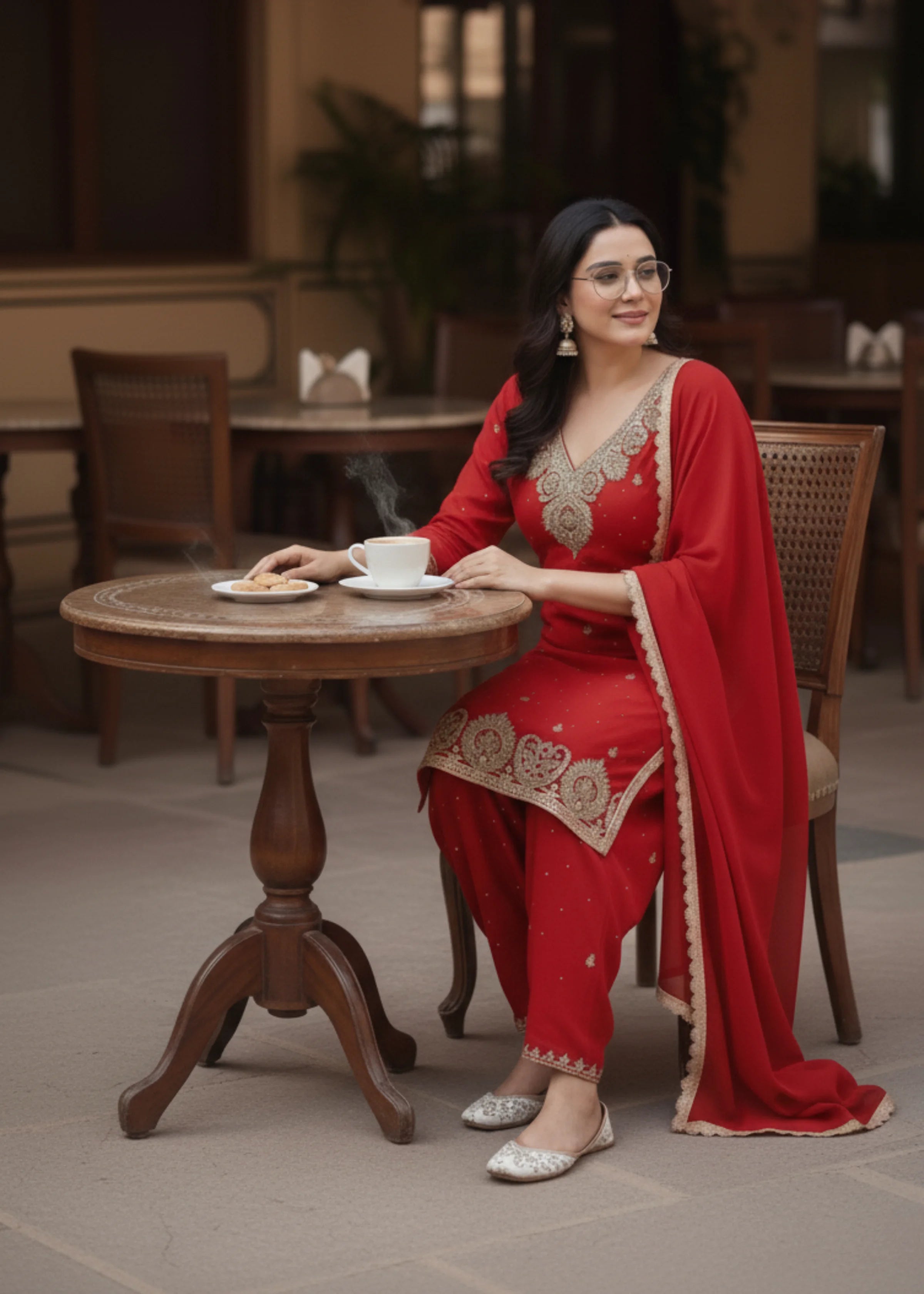 Red Embroidered Georgette Palazzo Suit Set with Dupatta Festive Wear for Women