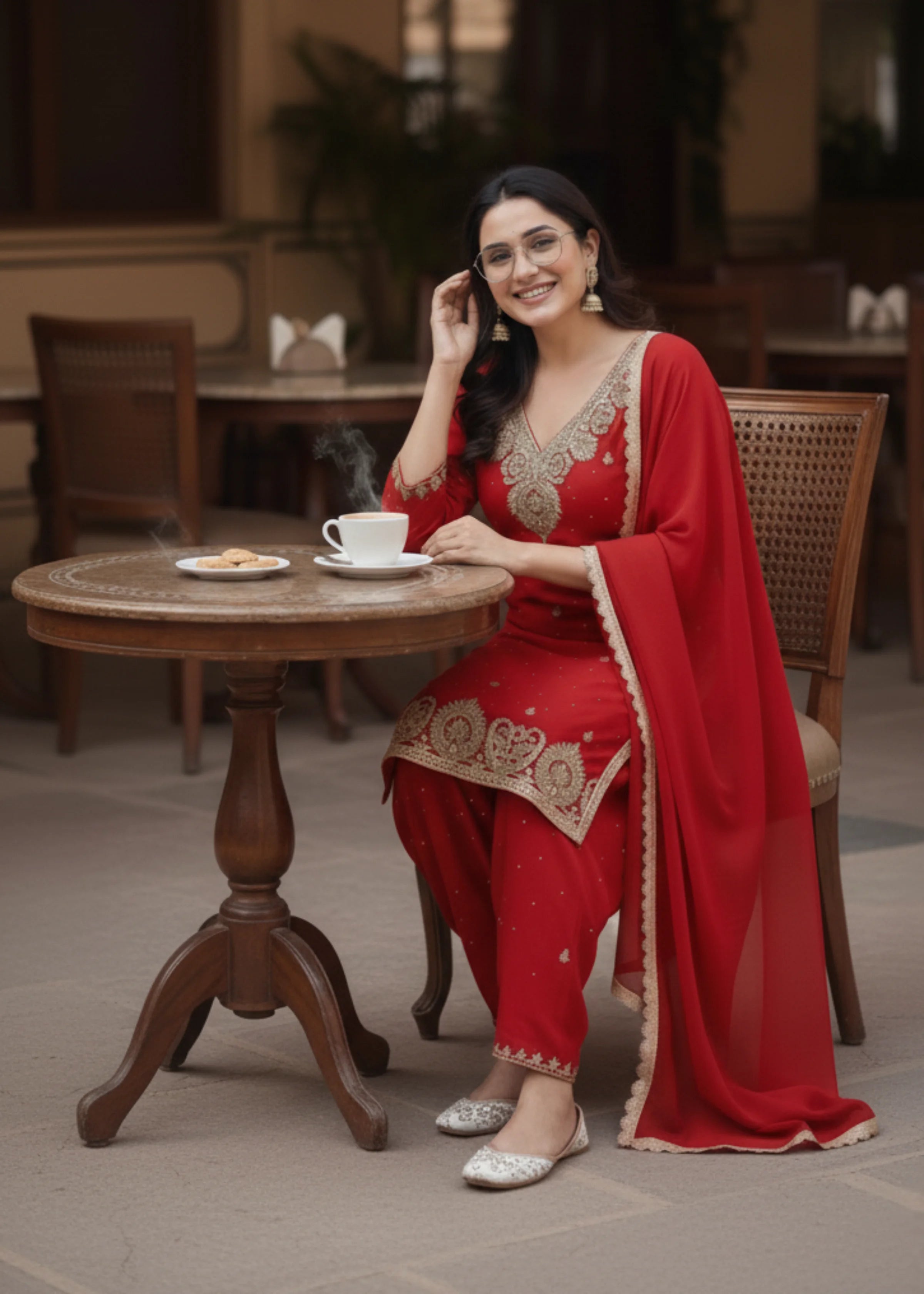 Red Embroidered Georgette Palazzo Suit Set with Dupatta Festive Wear for Women