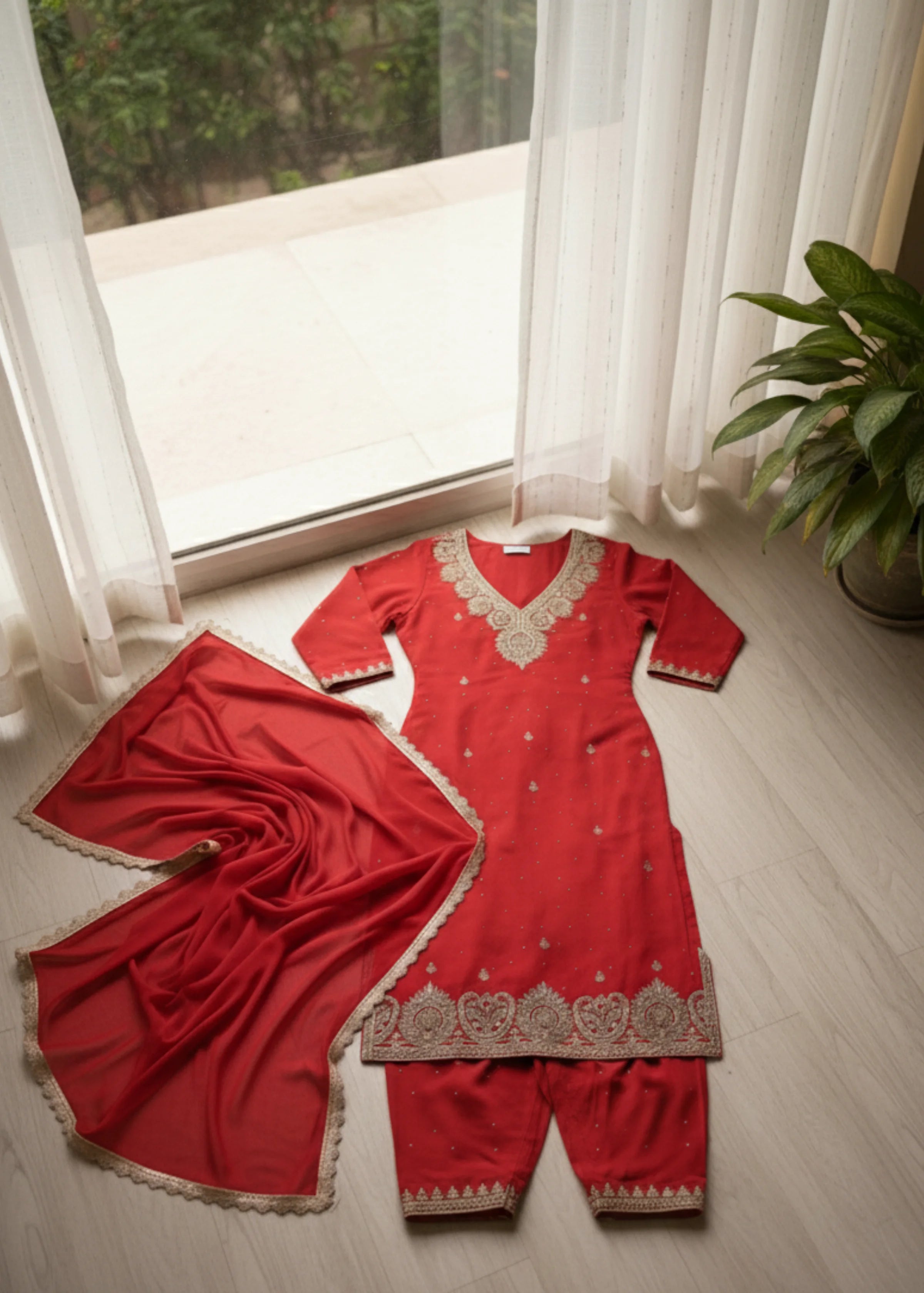 Red Embroidered Georgette Palazzo Suit Set with Dupatta Festive Wear for Women