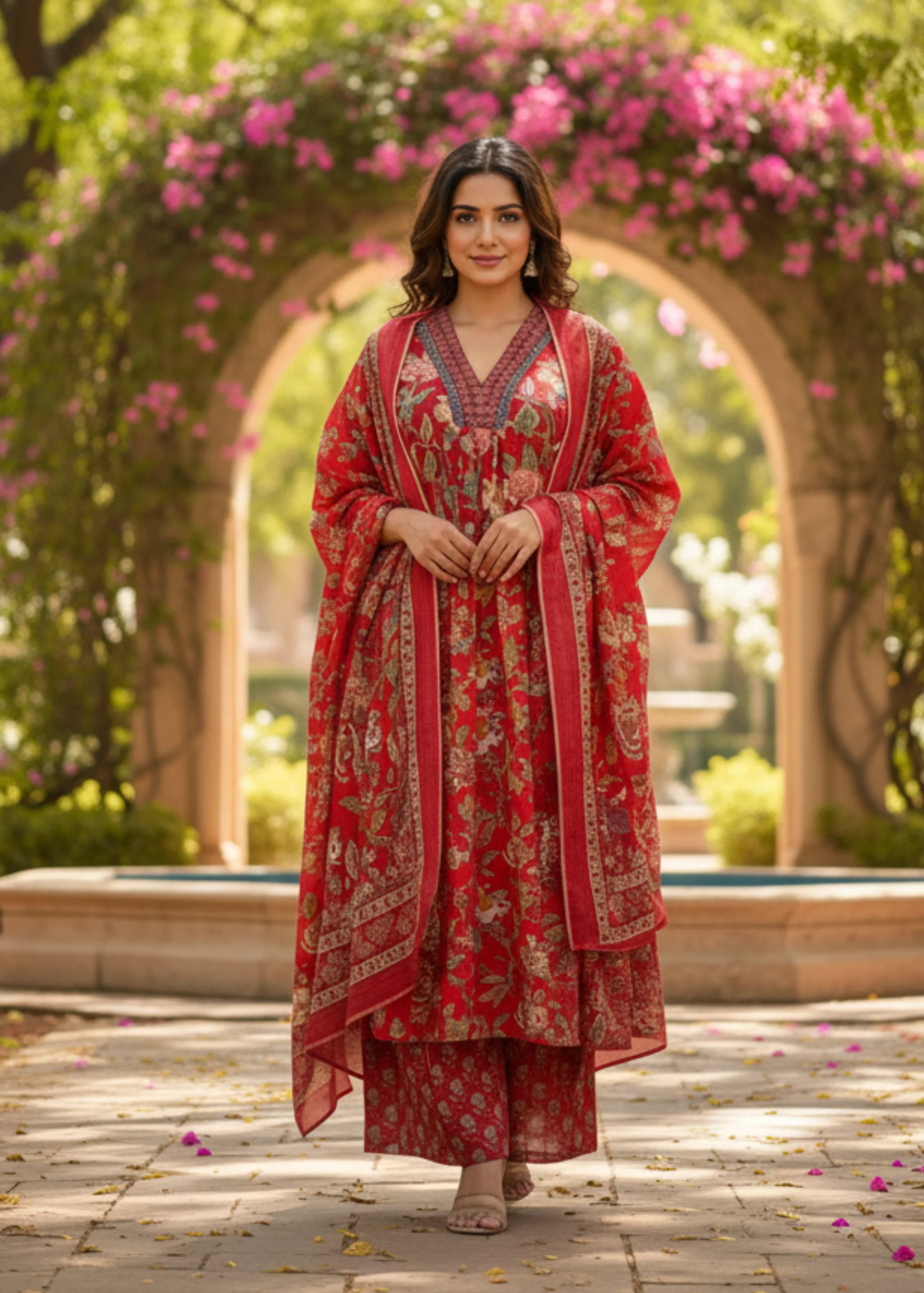 Red Floral Print Anarkali Suit Set for Daily and Festive Wear